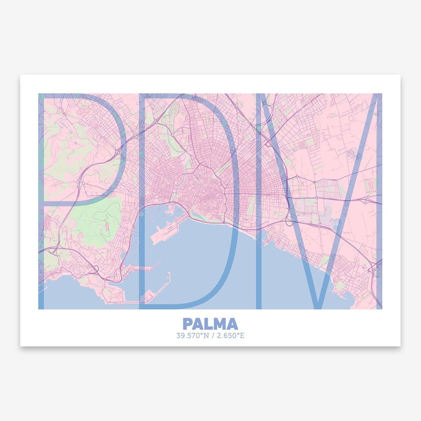 The map of Palma composed with letters in extra light font printed on pink and light blue