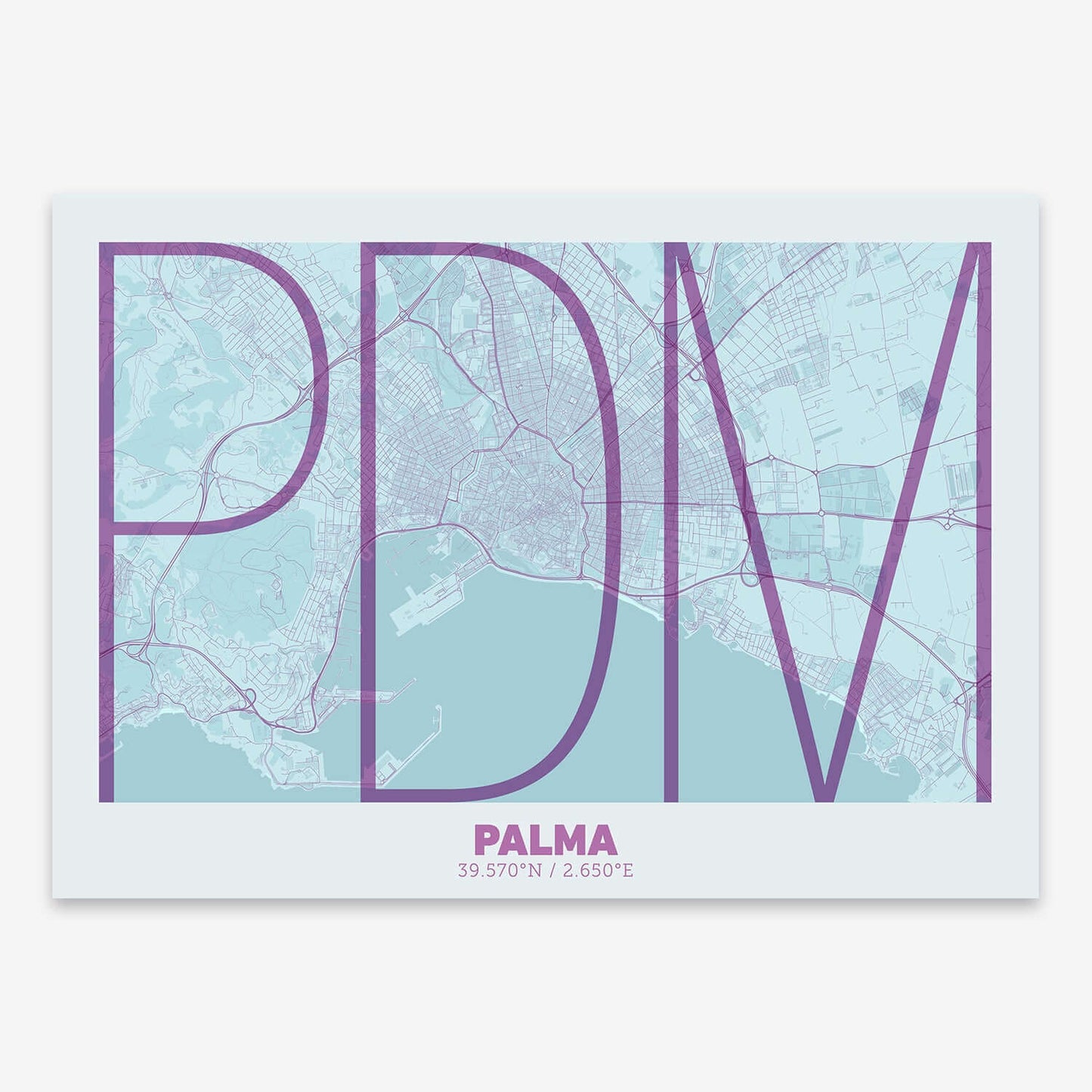 The map of Palma composed with letters in extra light font printed on purple and light blue
