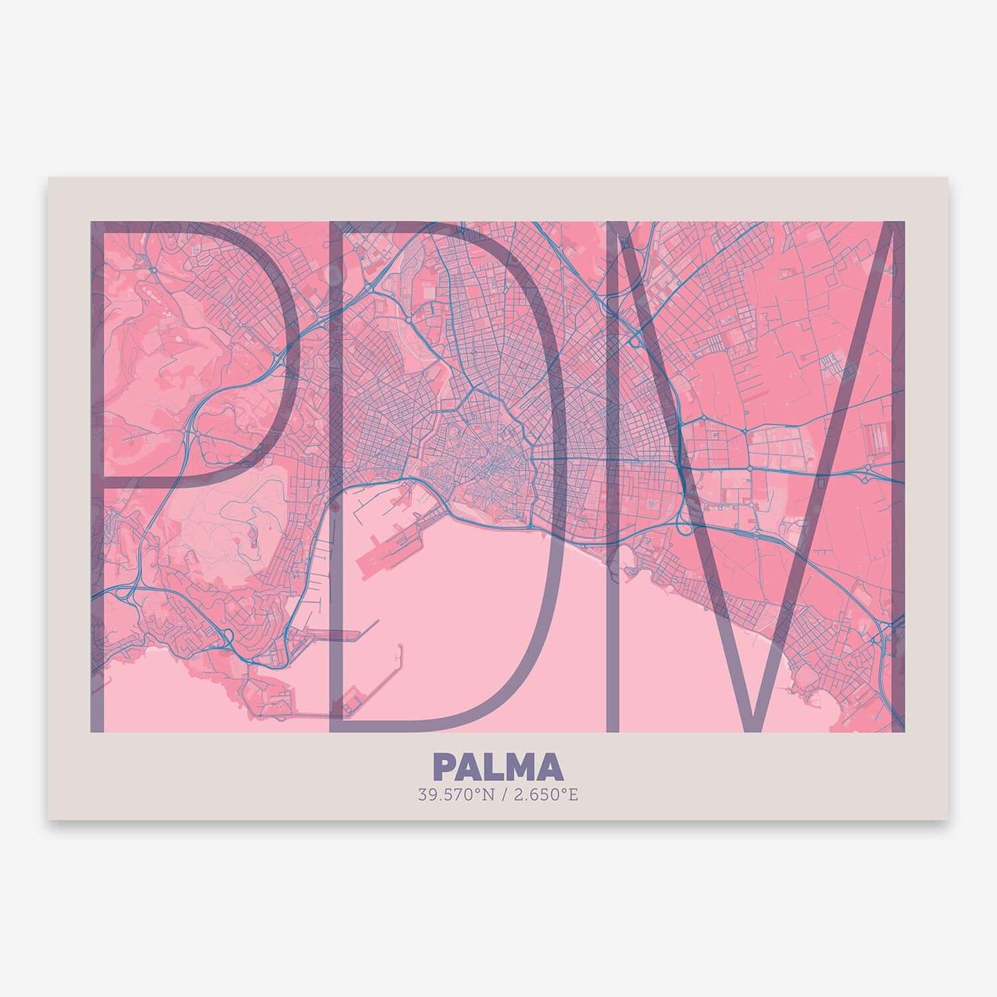 The map of Palma composed with letters in extra light font printed on violet y pink background