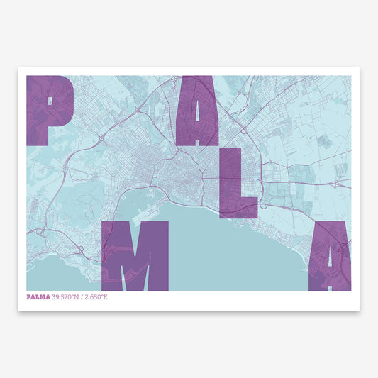 The map of Palma with letters of its name placed randomly, designed in purple and light blue