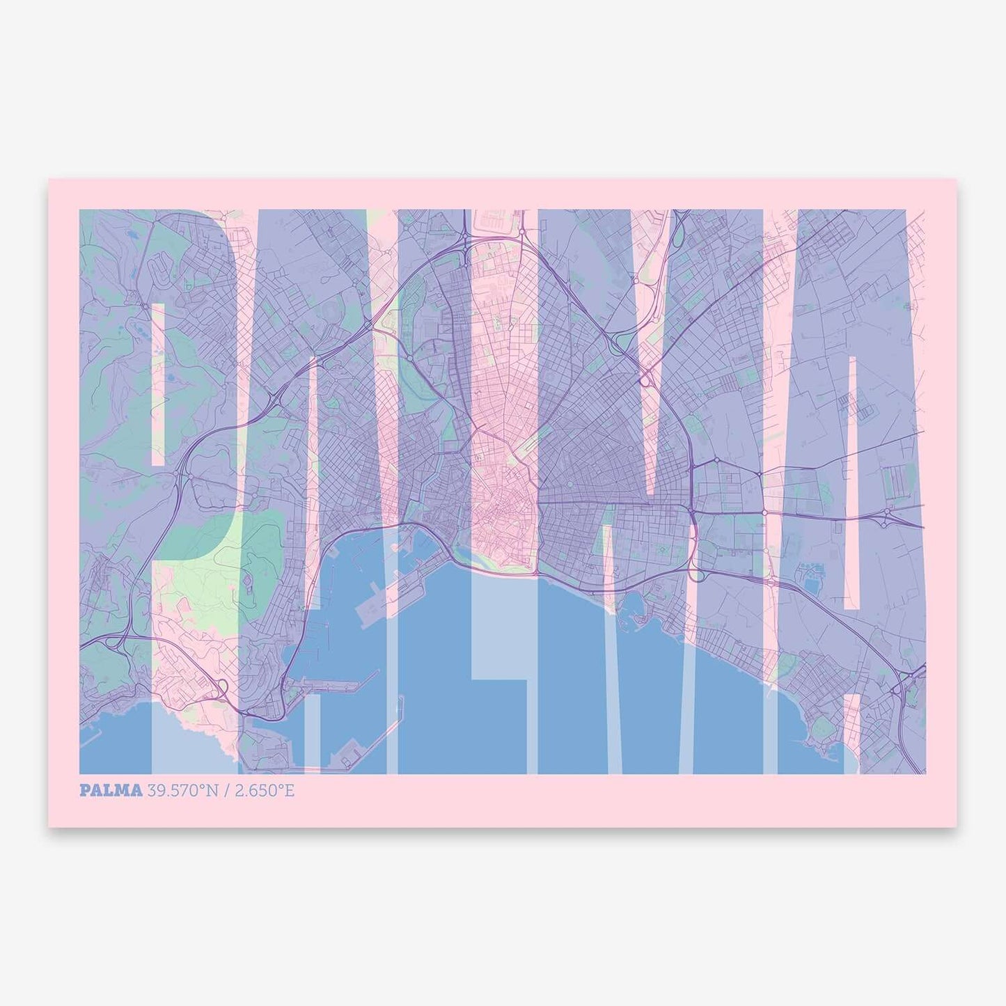 The map of Palma and letters of its name in a giclée print designed in pink and light blue