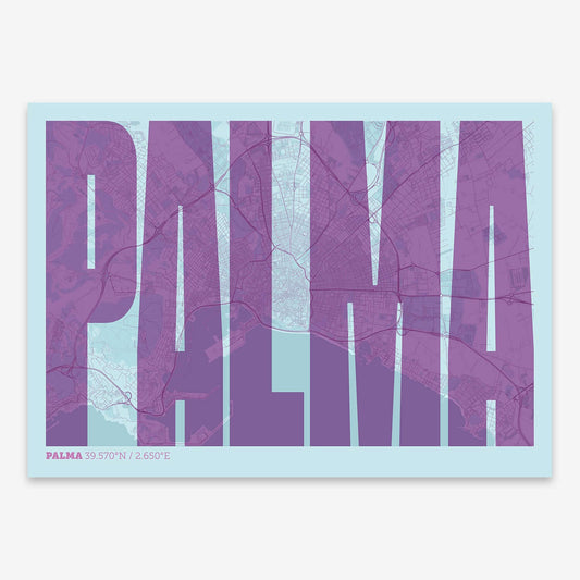 The map of Palma and letters of its name in a giclée print designed in purple and light blue