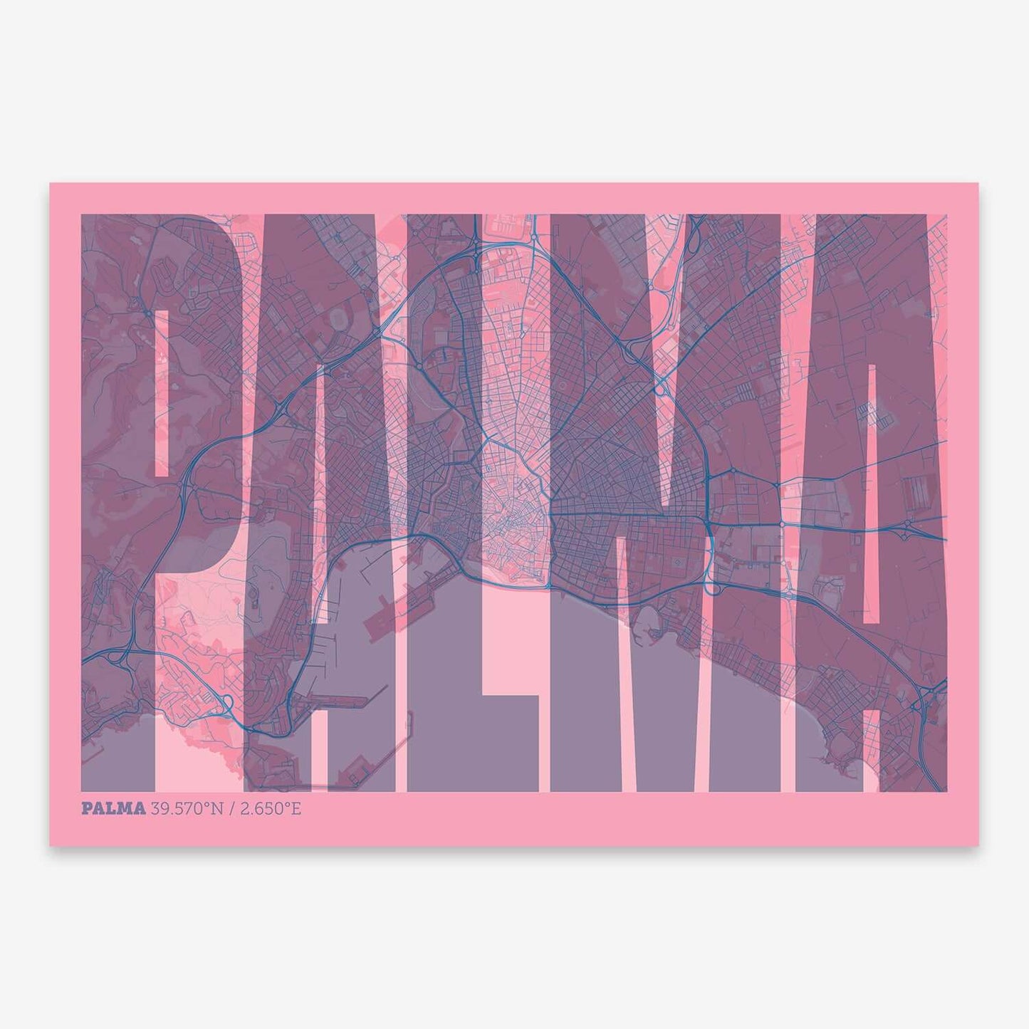 The map of Palma and letters of its name in a giclée print designed in violet y pink background