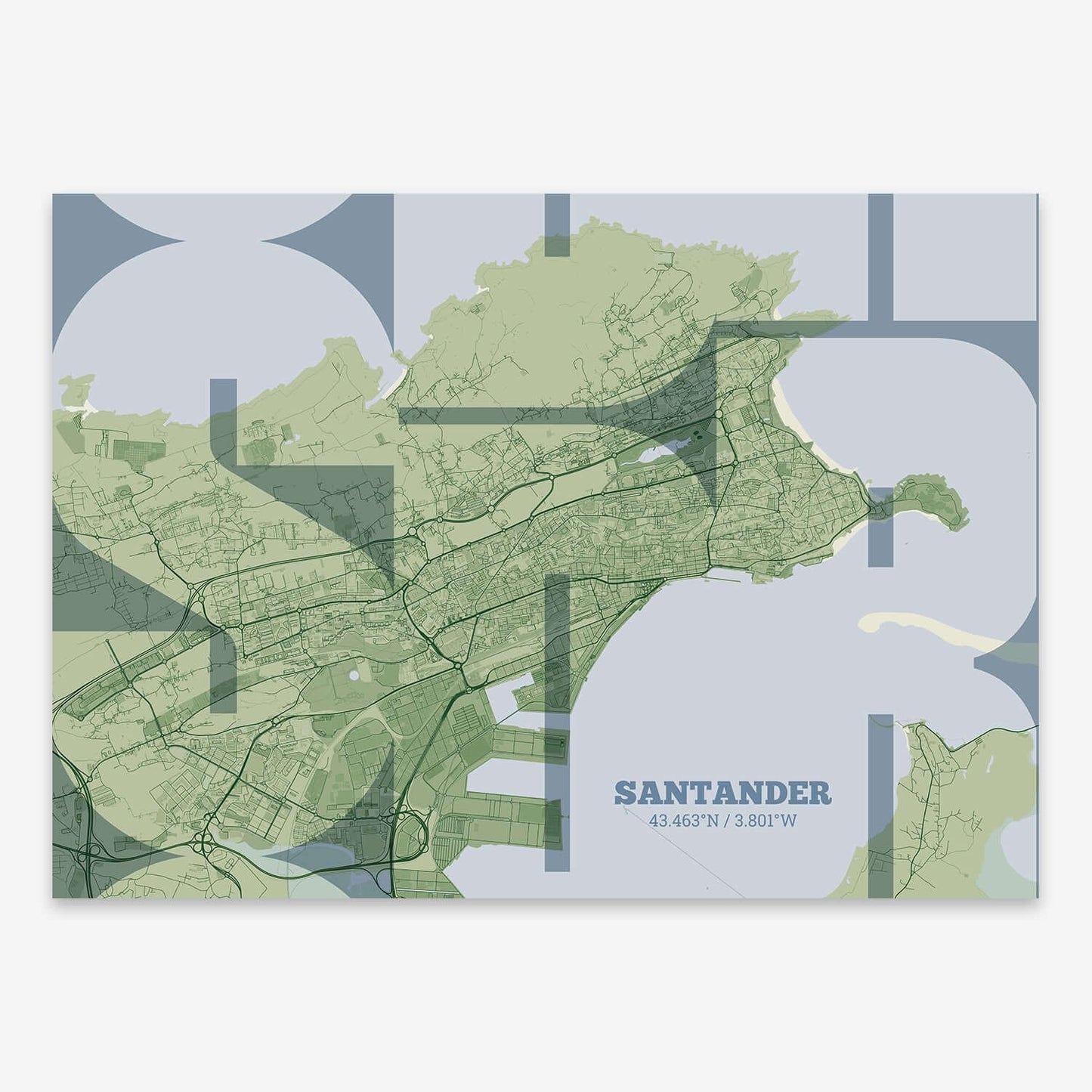 The map of Santander composed with letters from its name or IATA code printed on two green tones