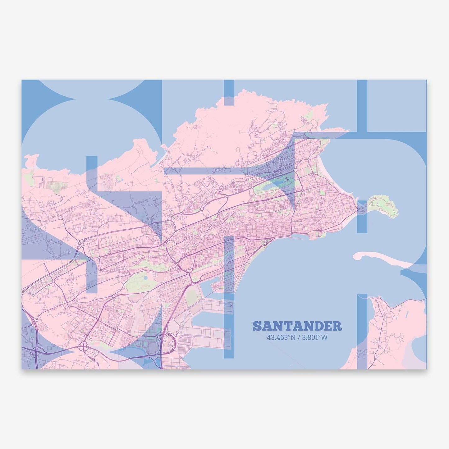 The map of Santander composed with letters from its name or IATA code printed on pink and light blue