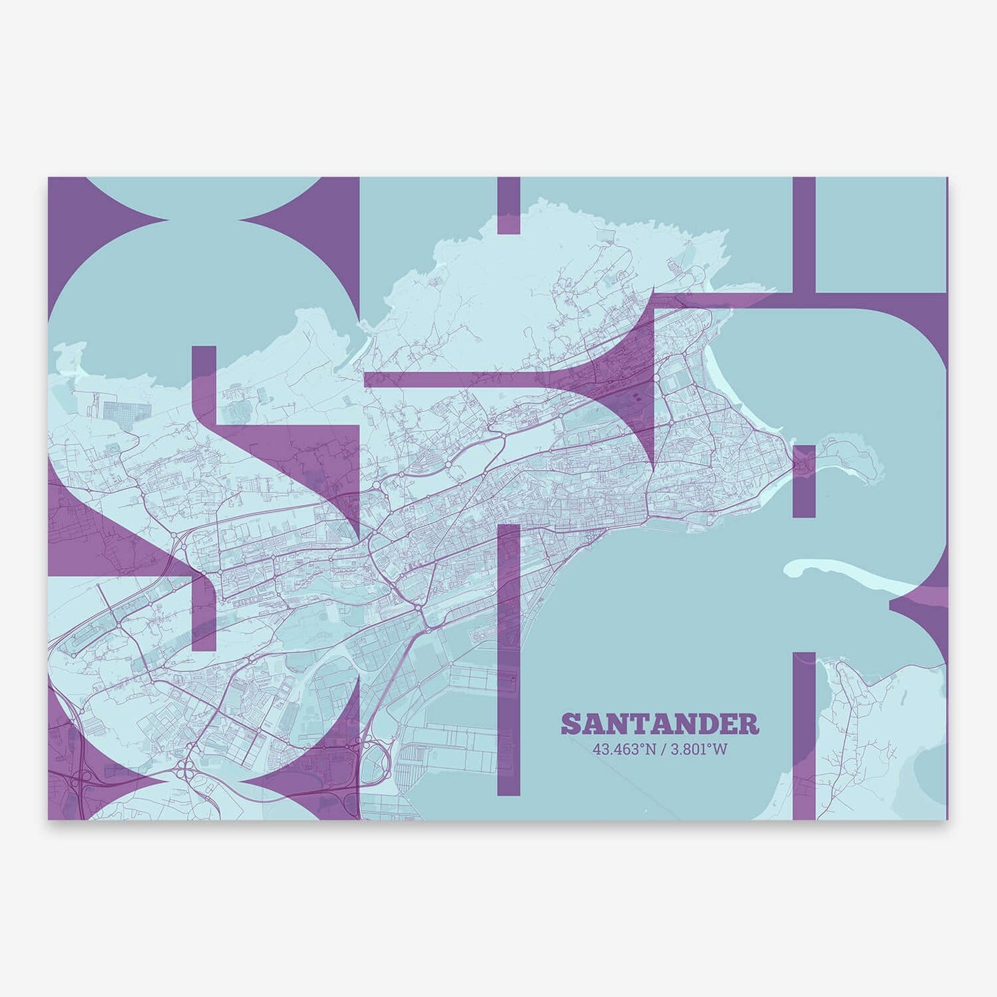 The map of Santander composed with letters from its name or IATA code printed on purple and light blue