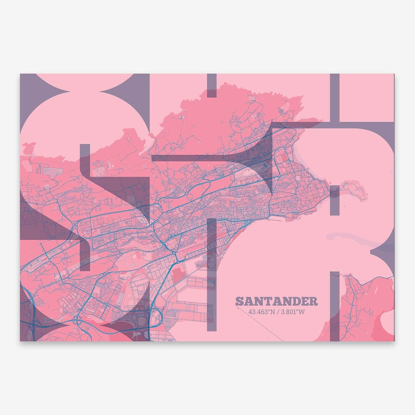 The map of Santander composed with letters from its name or IATA code printed on violet y pink background