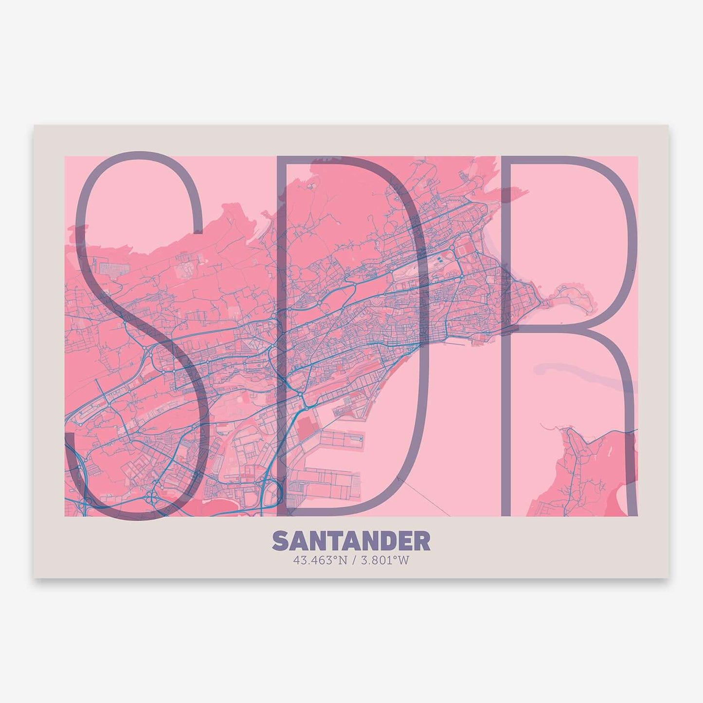 The map of Santander composed with letters in extra light font printed on violet y pink background