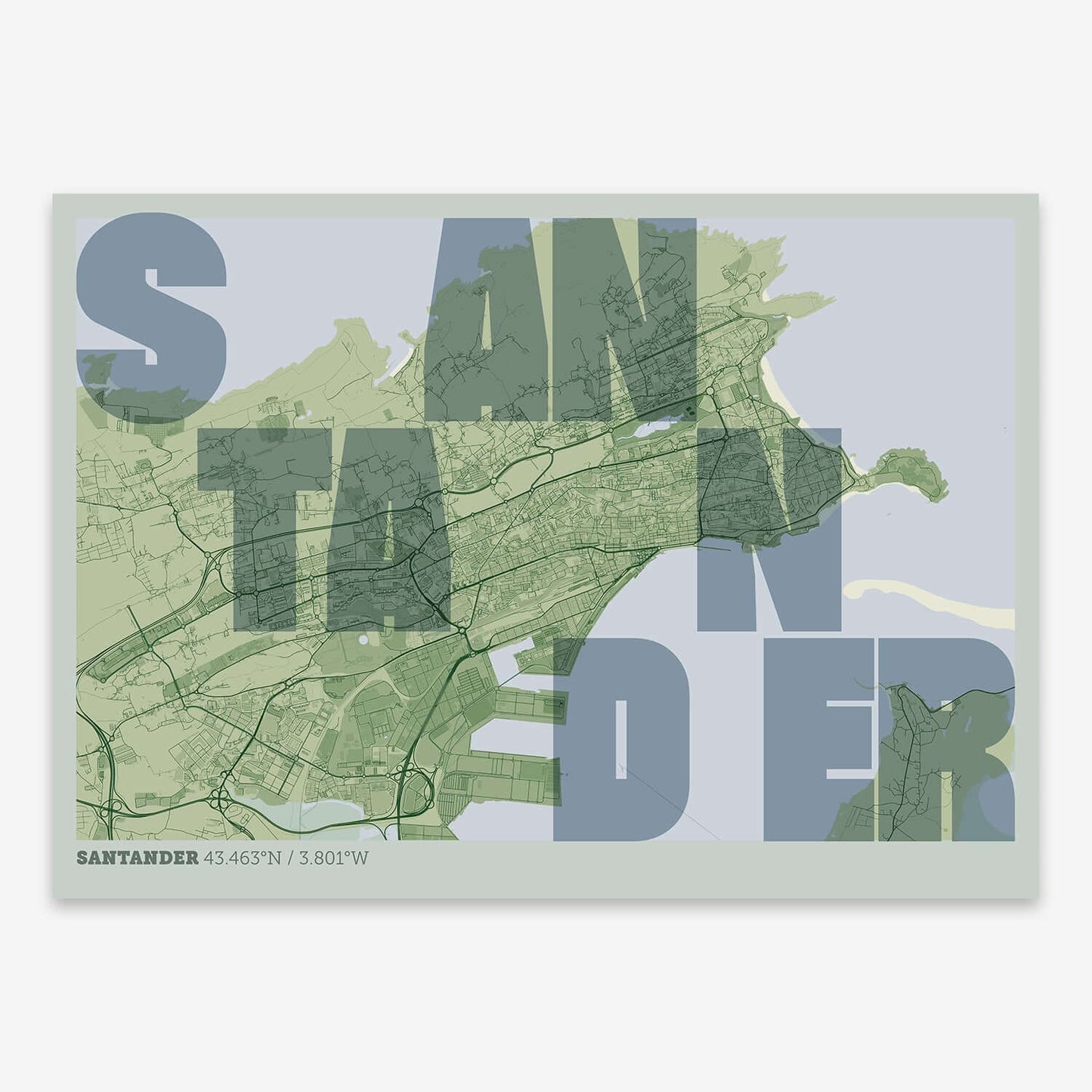 The map of Santander with letters of its name placed randomly, designed in two green tones
