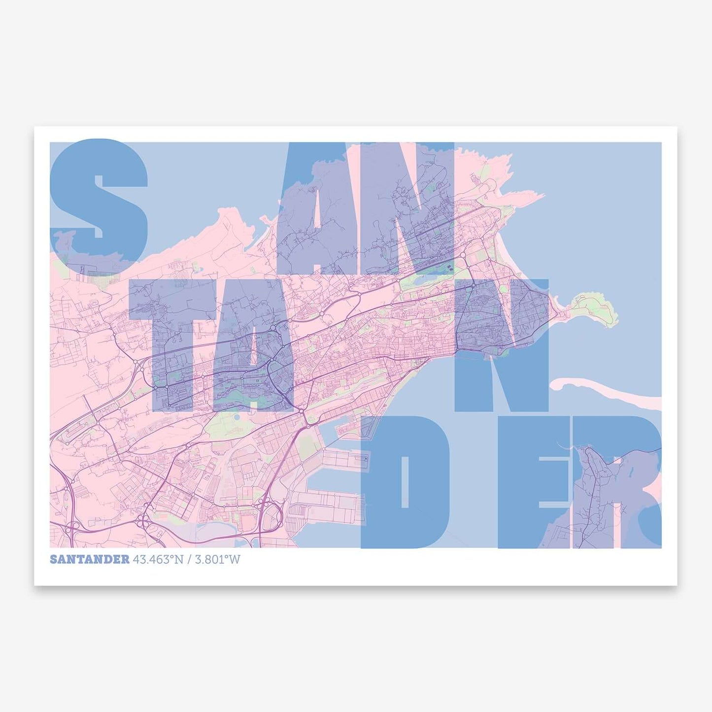 The map of Santander with letters of its name placed randomly, designed in pink and light blue