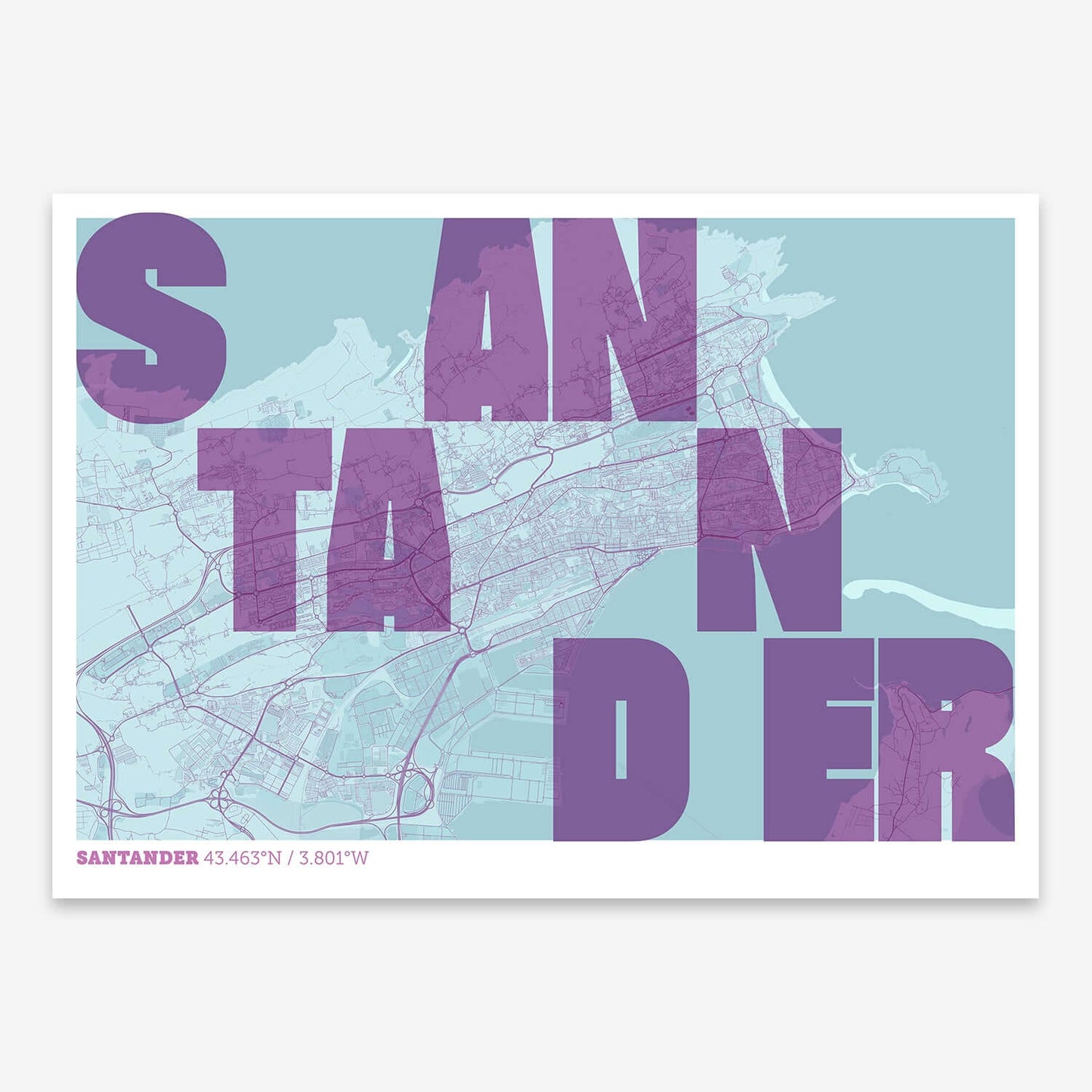 The map of Santander with letters of its name placed randomly, designed in purple and light blue
