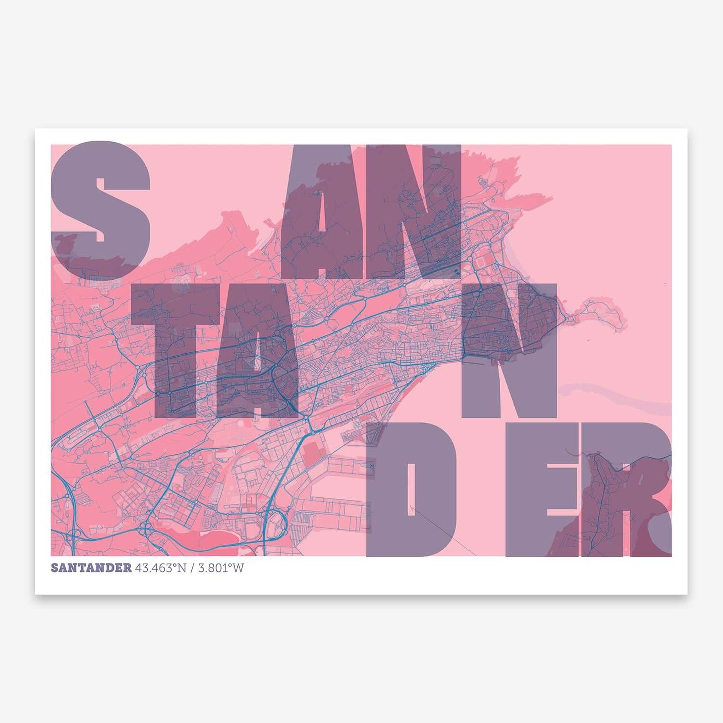 The map of Santander with letters of its name placed randomly, designed in violet y pink background