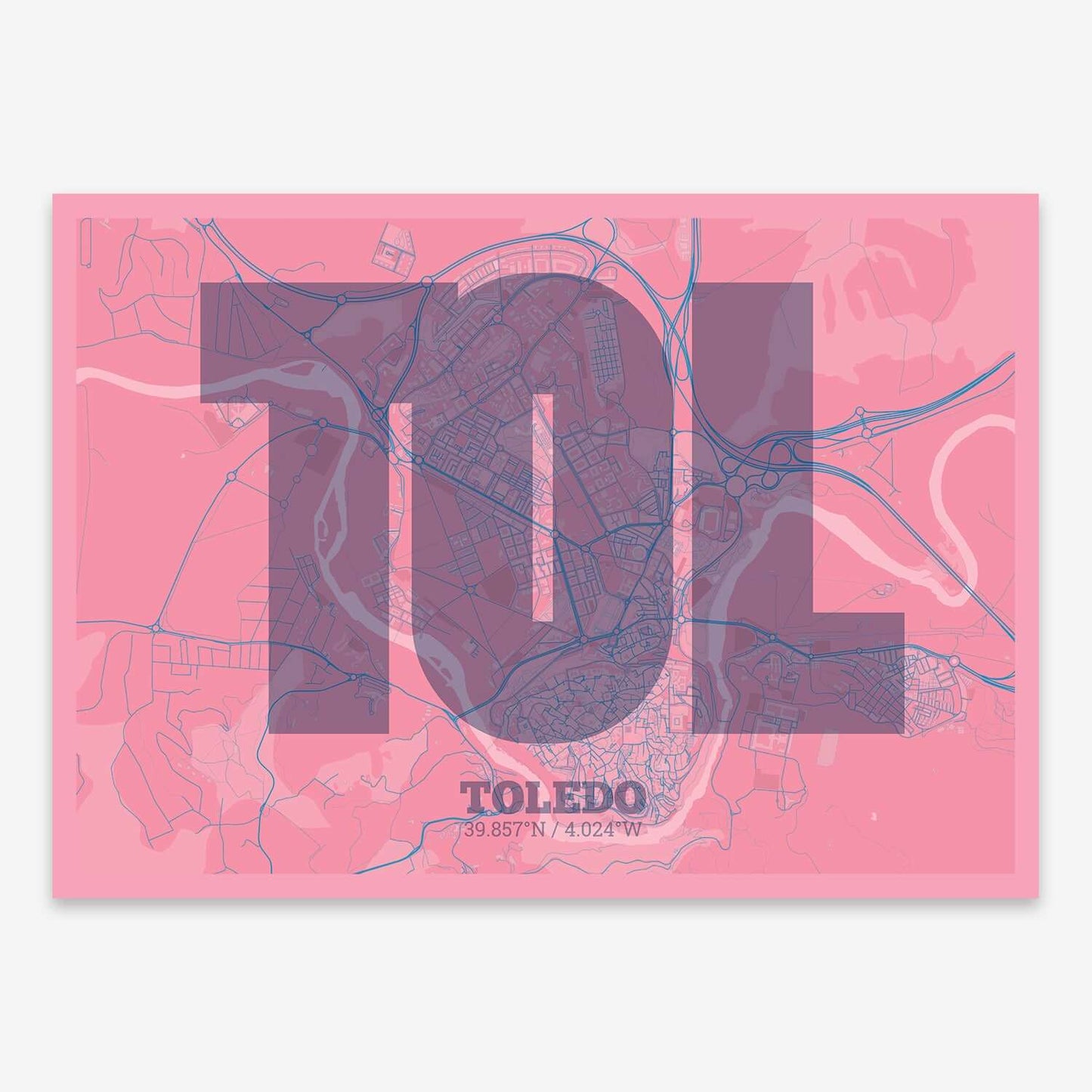 The map of Toledo composed with letters in a heavy geometric font printed on violet y pink background