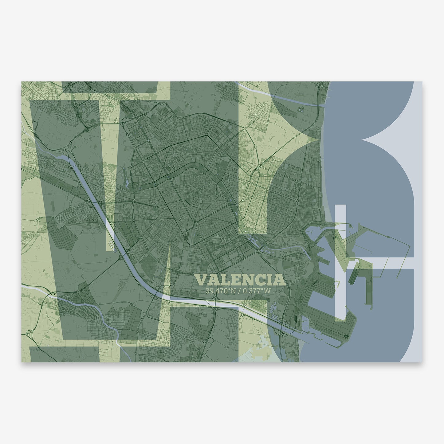 The map of Valencia composed with letters from its name or IATA code printed on two green tones