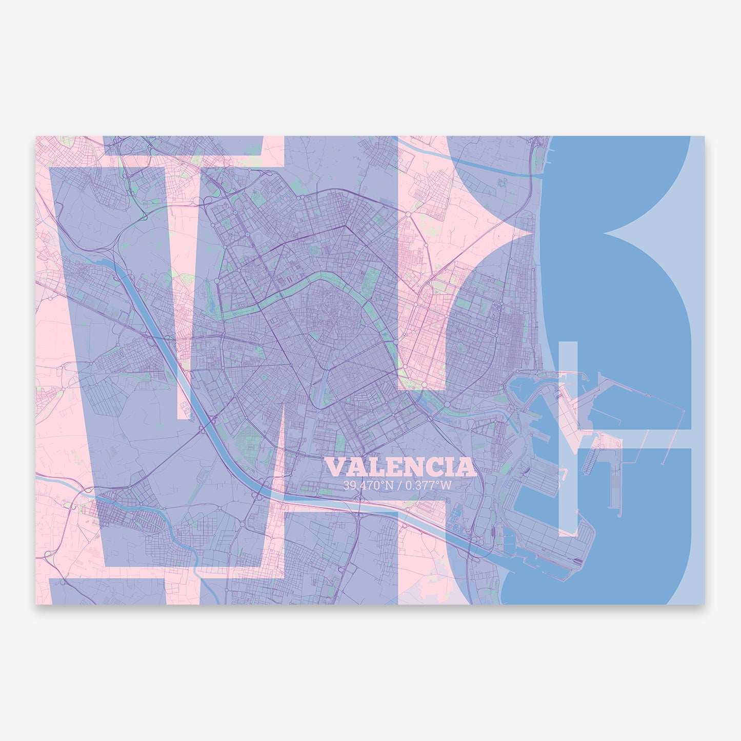 The map of Valencia composed with letters from its name or IATA code printed on pink and light blue