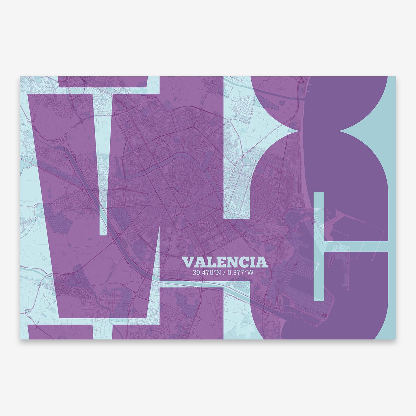 The map of Valencia composed with letters from its name or IATA code printed on purple and light blue