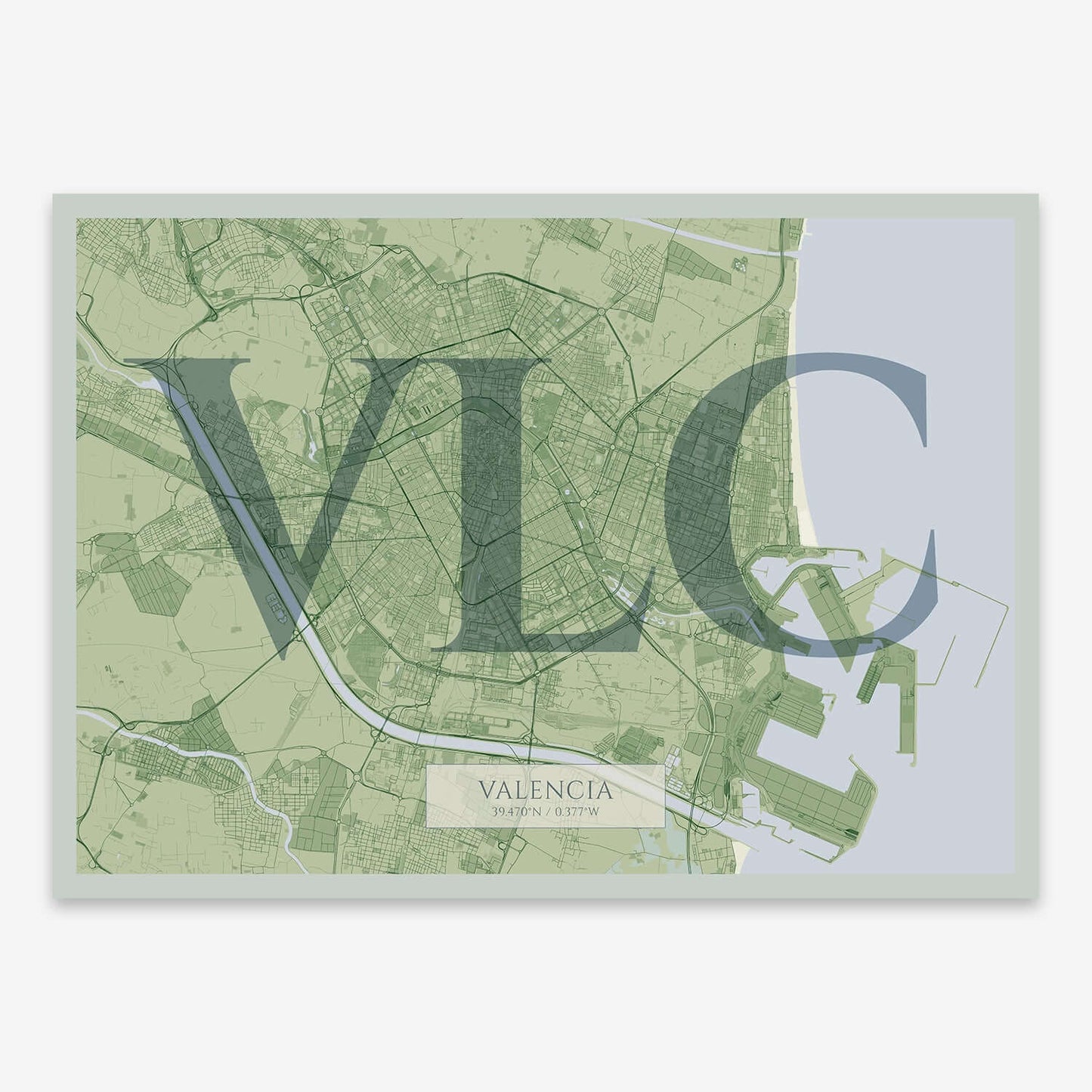 The map of Valencia composed with letters in serif font printed on two green tones