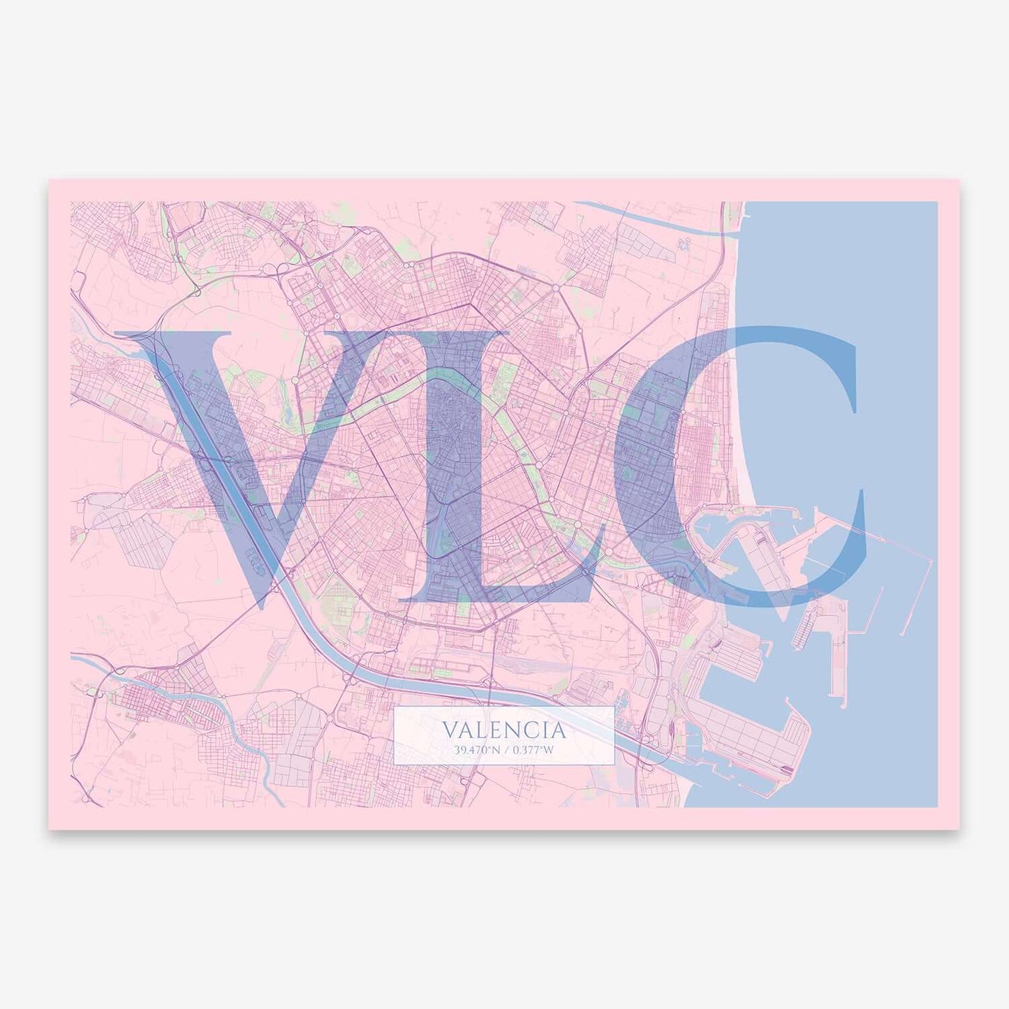 The map of Valencia composed with letters in serif font printed on pink and light blue
