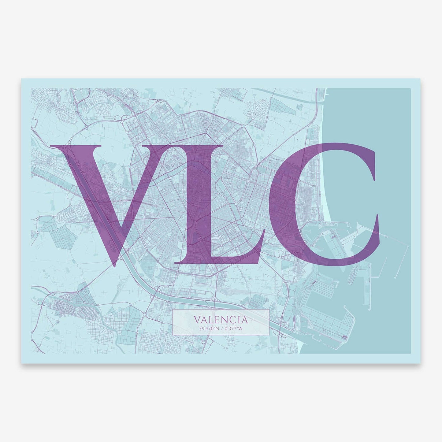 The map of Valencia composed with letters in serif font printed on purple and light blue