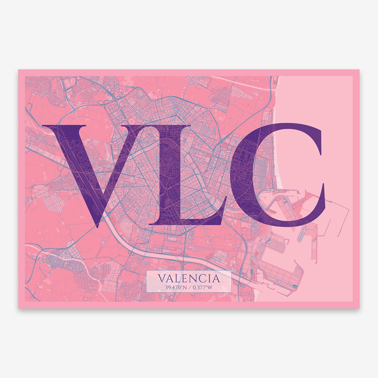 The map of Valencia composed with letters in serif font printed on violet y pink background