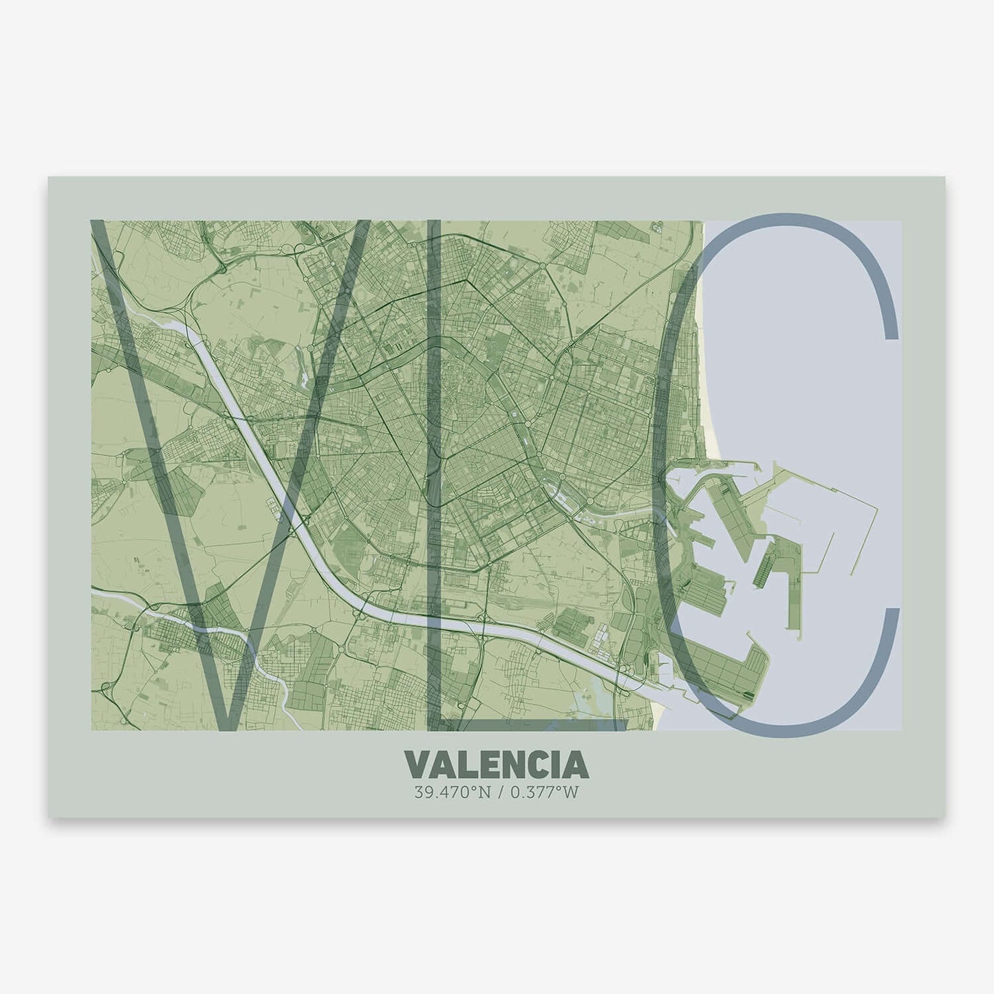 The map of Valencia composed with letters in extra light font printed on two green tones