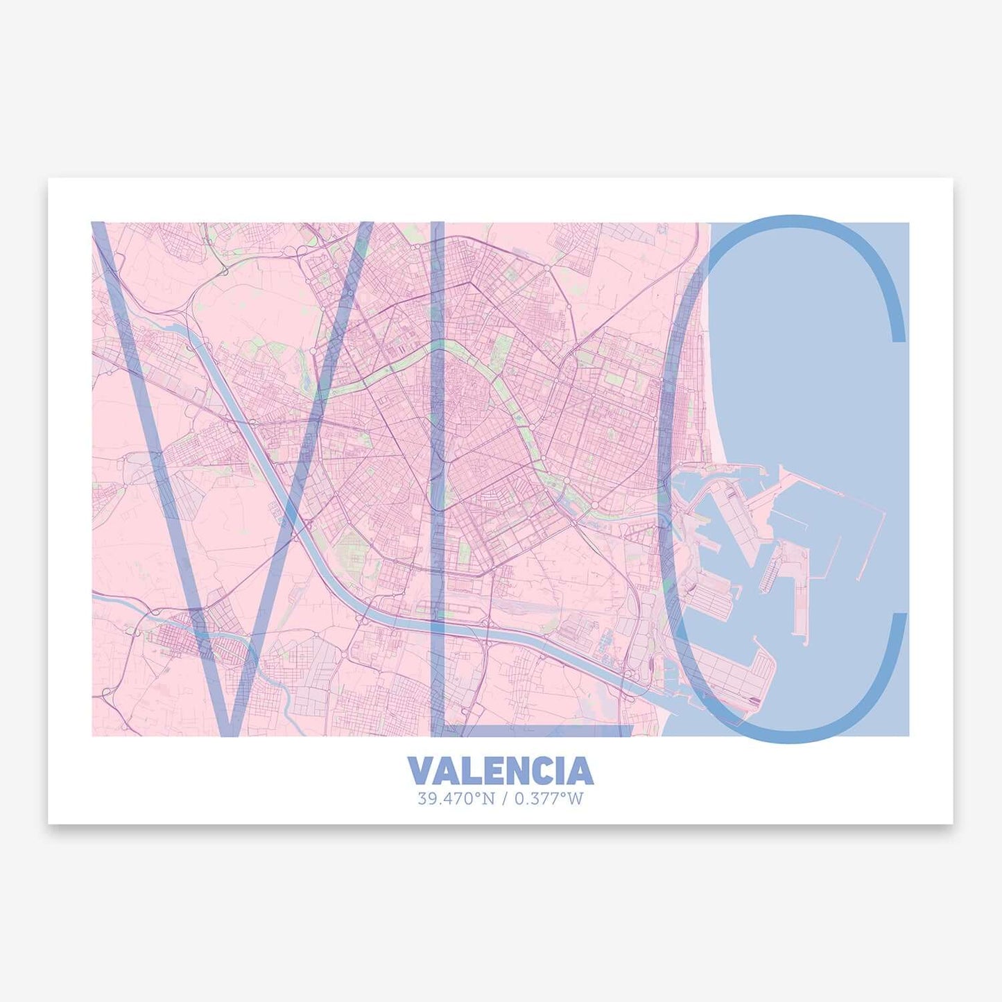 The map of Valencia composed with letters in extra light font printed on pink and light blue