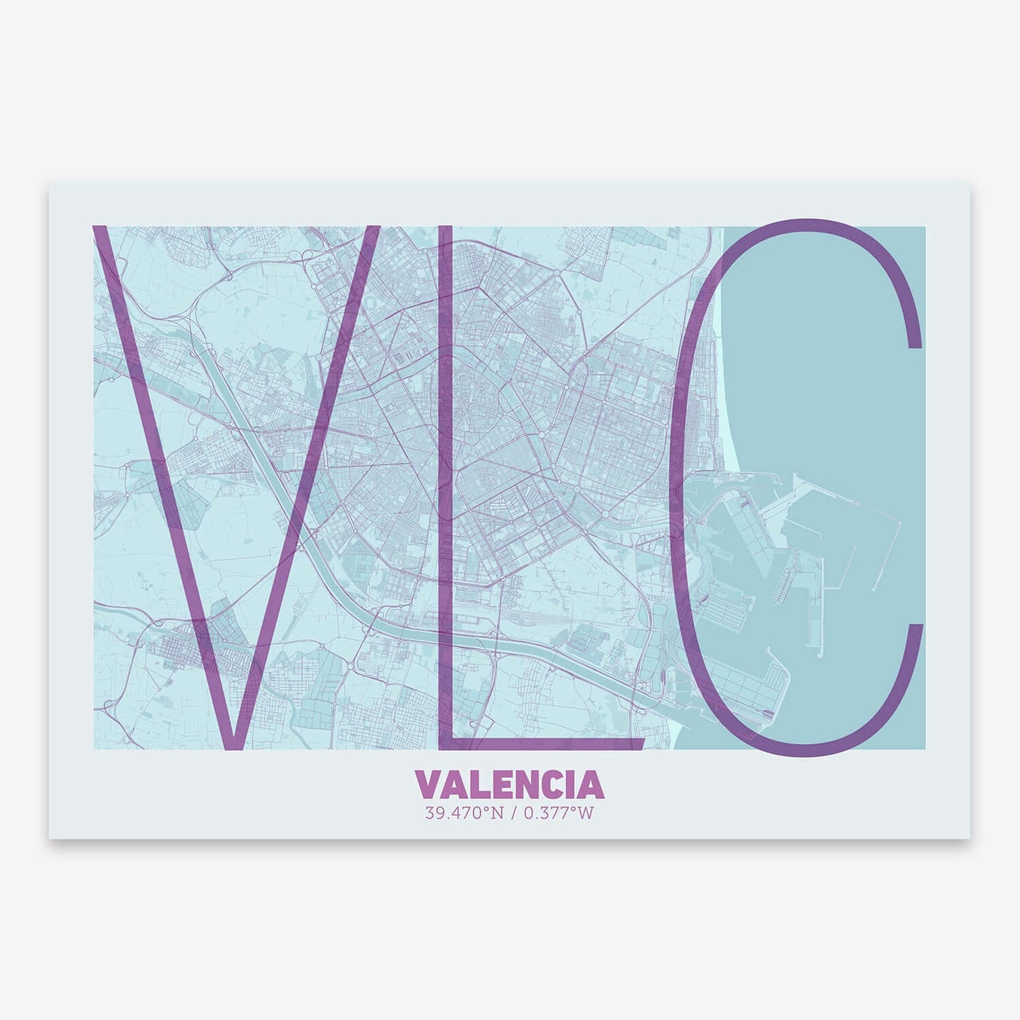 The map of Valencia composed with letters in extra light font printed on purple and light blue