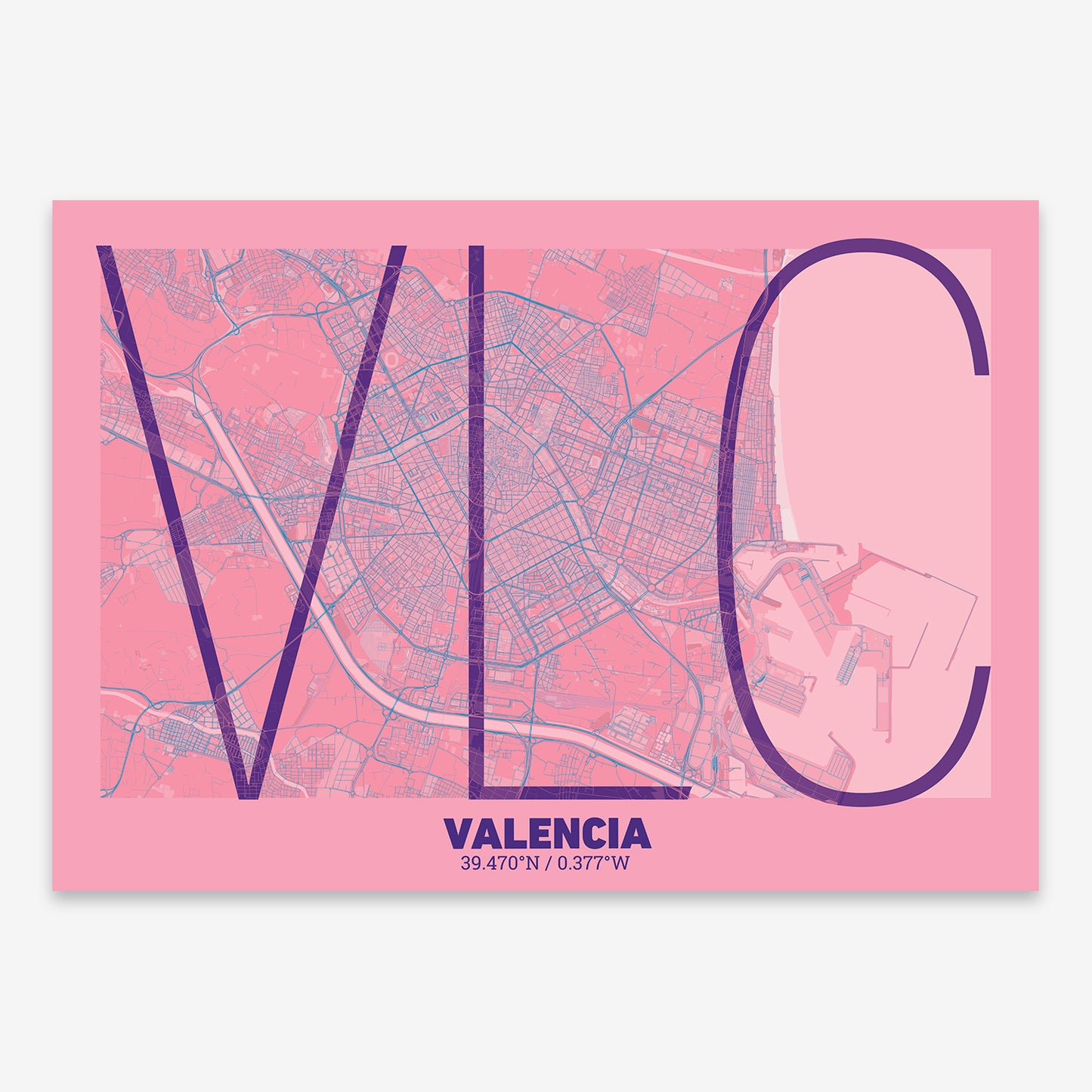 The map of Valencia composed with letters in extra light font printed on violet y pink background