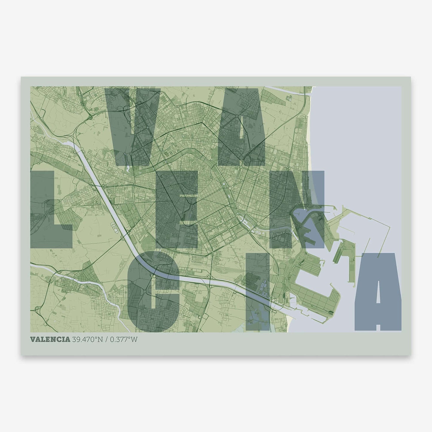 The map of Valencia with letters of its name placed randomly, designed in two green tones