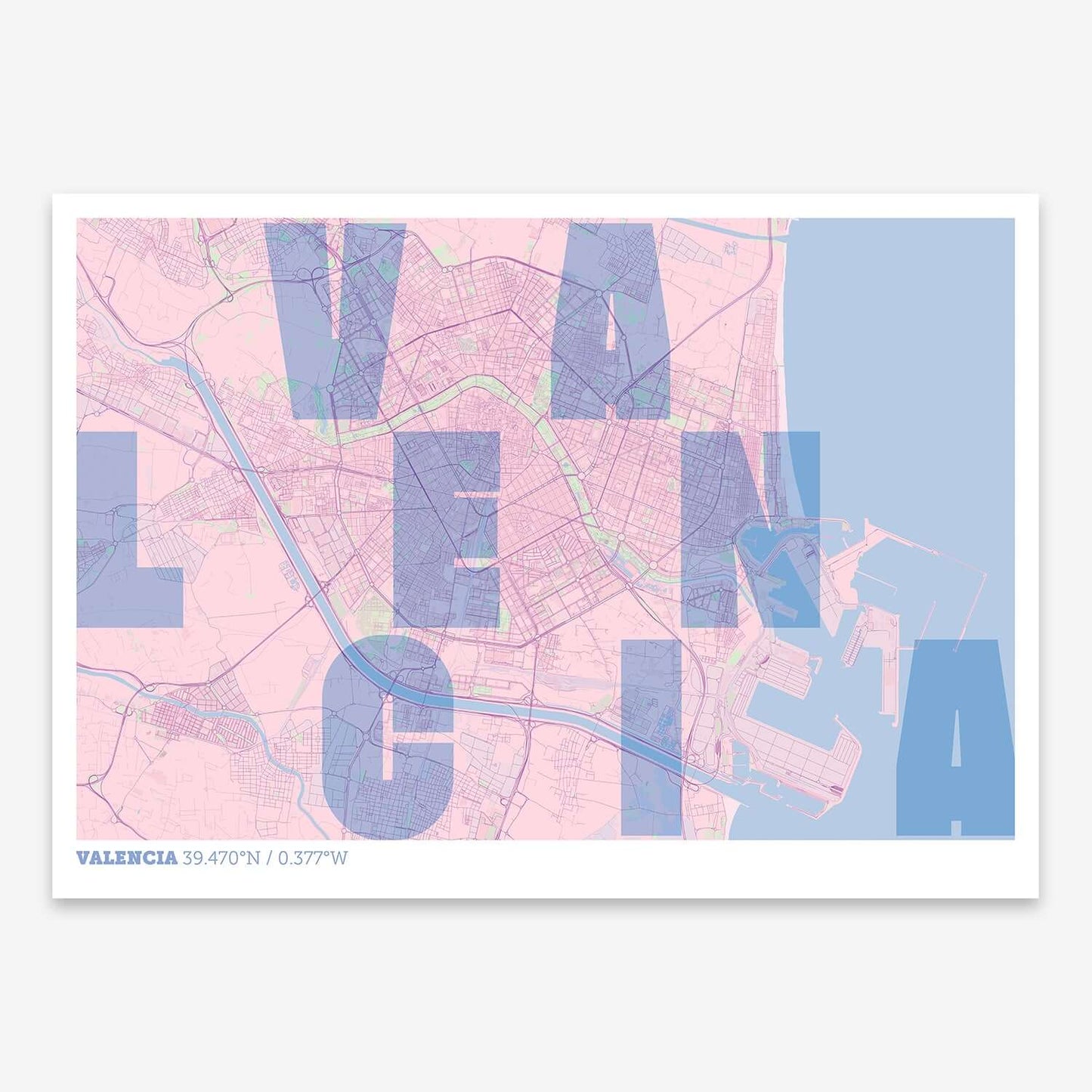 The map of Valencia with letters of its name placed randomly, designed in pink and light blue