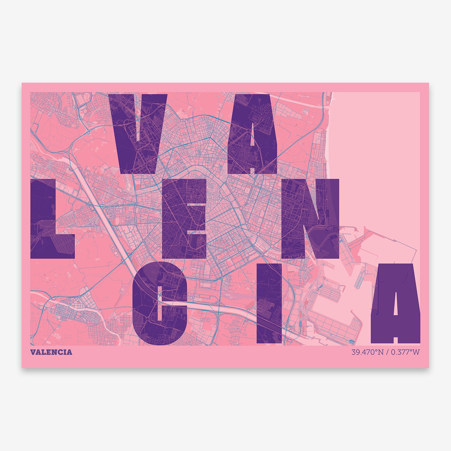 The map of Valencia with letters of its name placed randomly, designed in violet y pink background