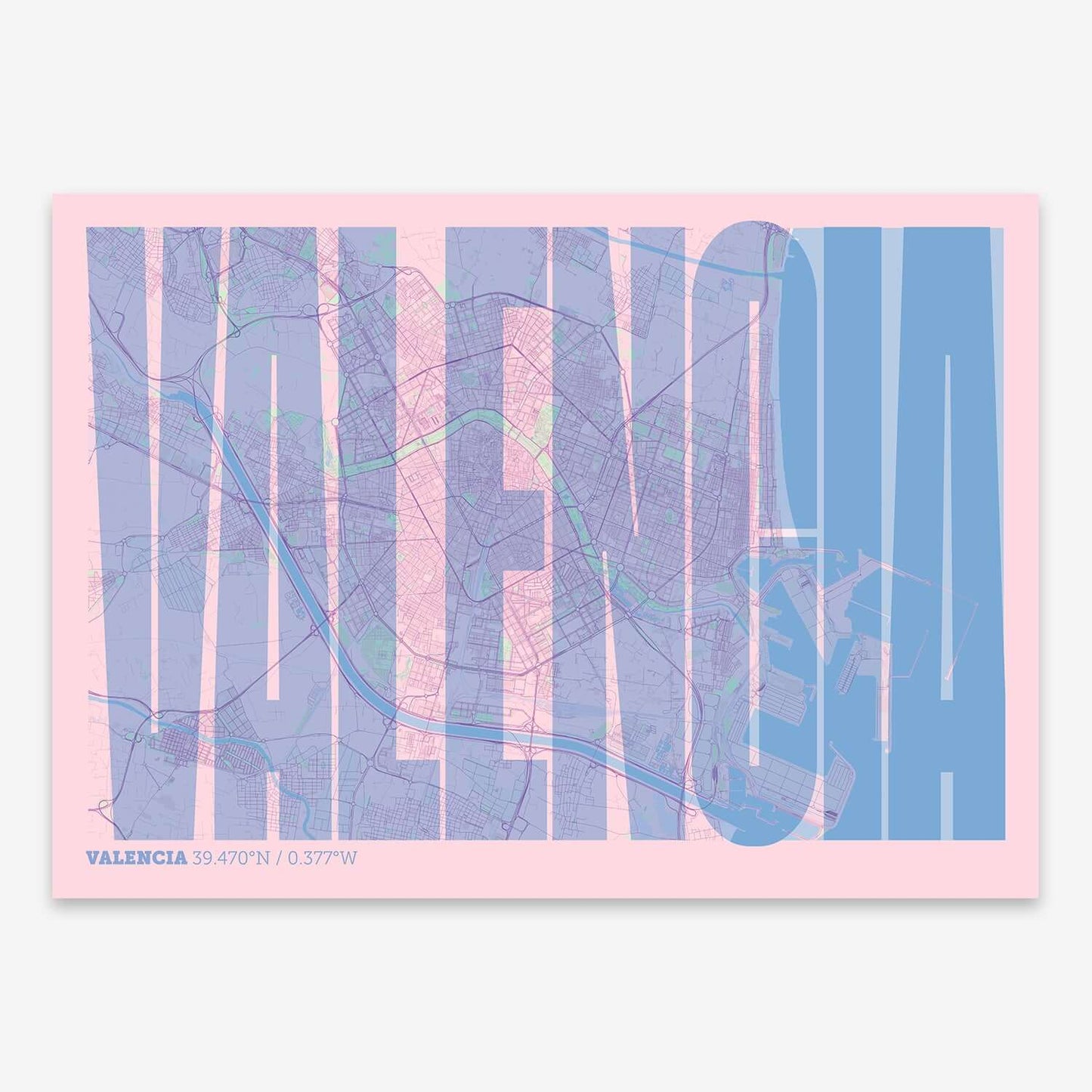 The map of Valencia and letters of its name in a giclée print designed in pink and light blue