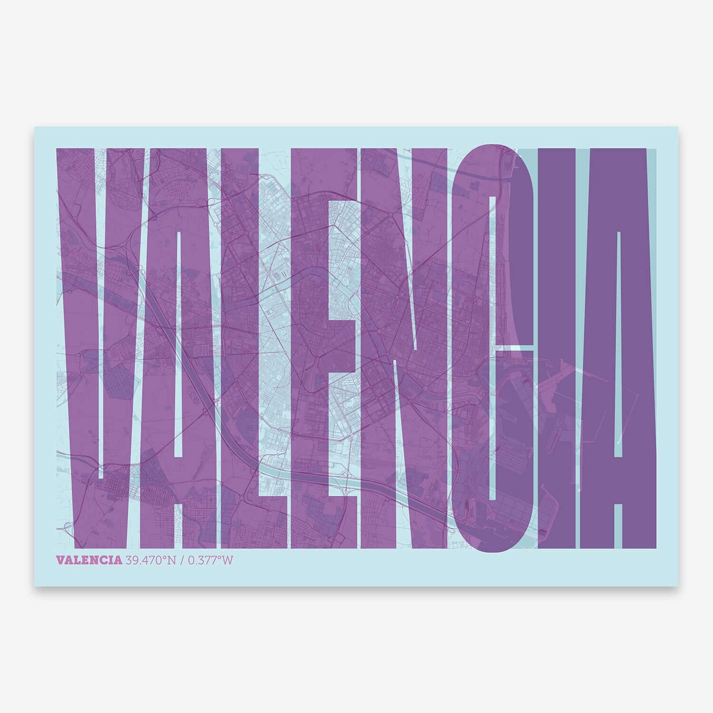 The map of Valencia and letters of its name in a giclée print designed in purple and light blue
