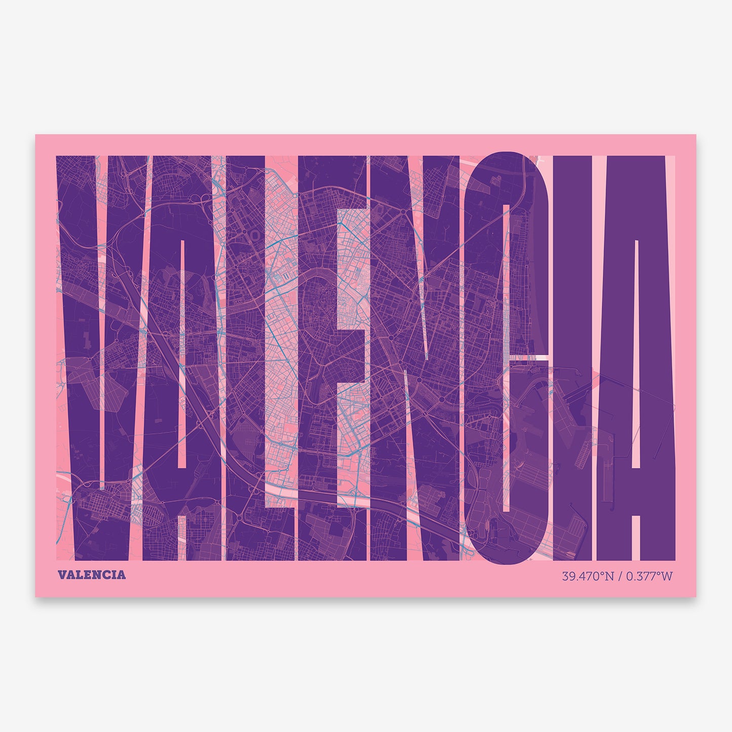 The map of Valencia and letters of its name in a giclée print designed in violet y pink background