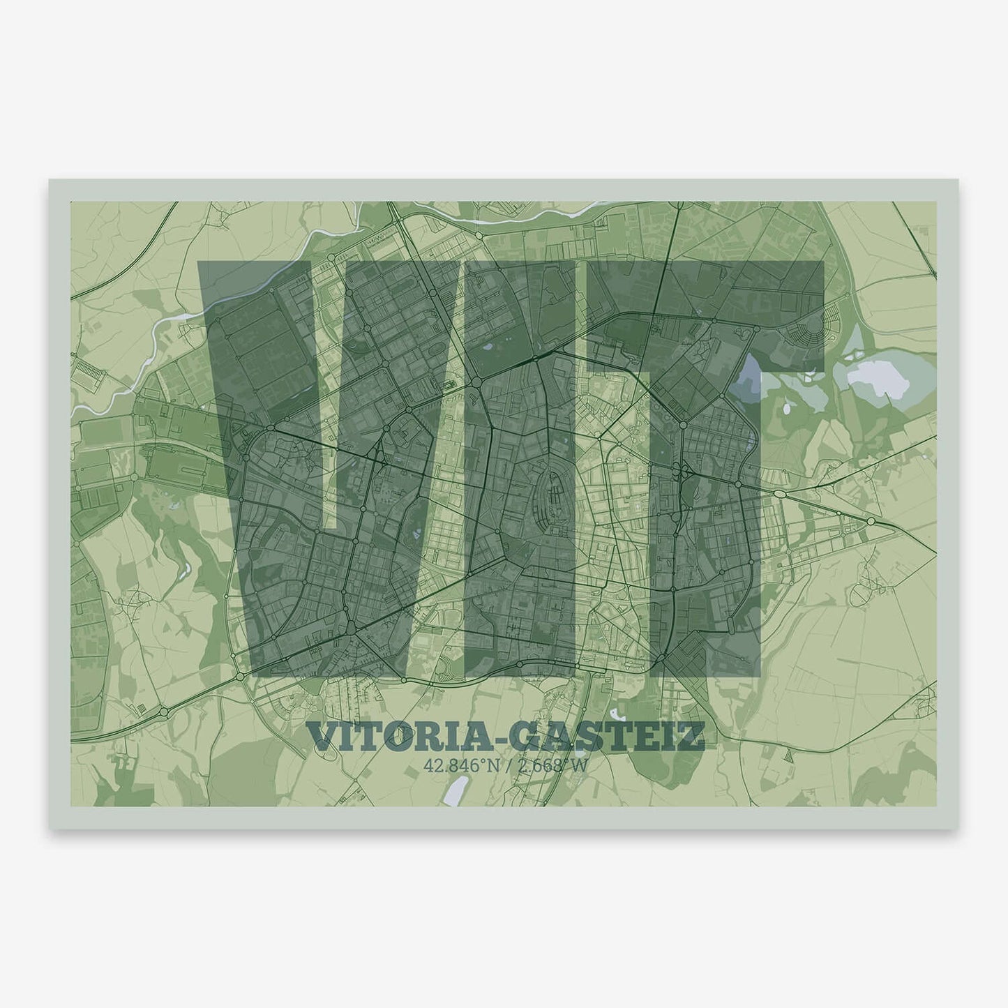 The map of Vitoria-Gasteiz composed with letters in a heavy geometric font printed on two green tones