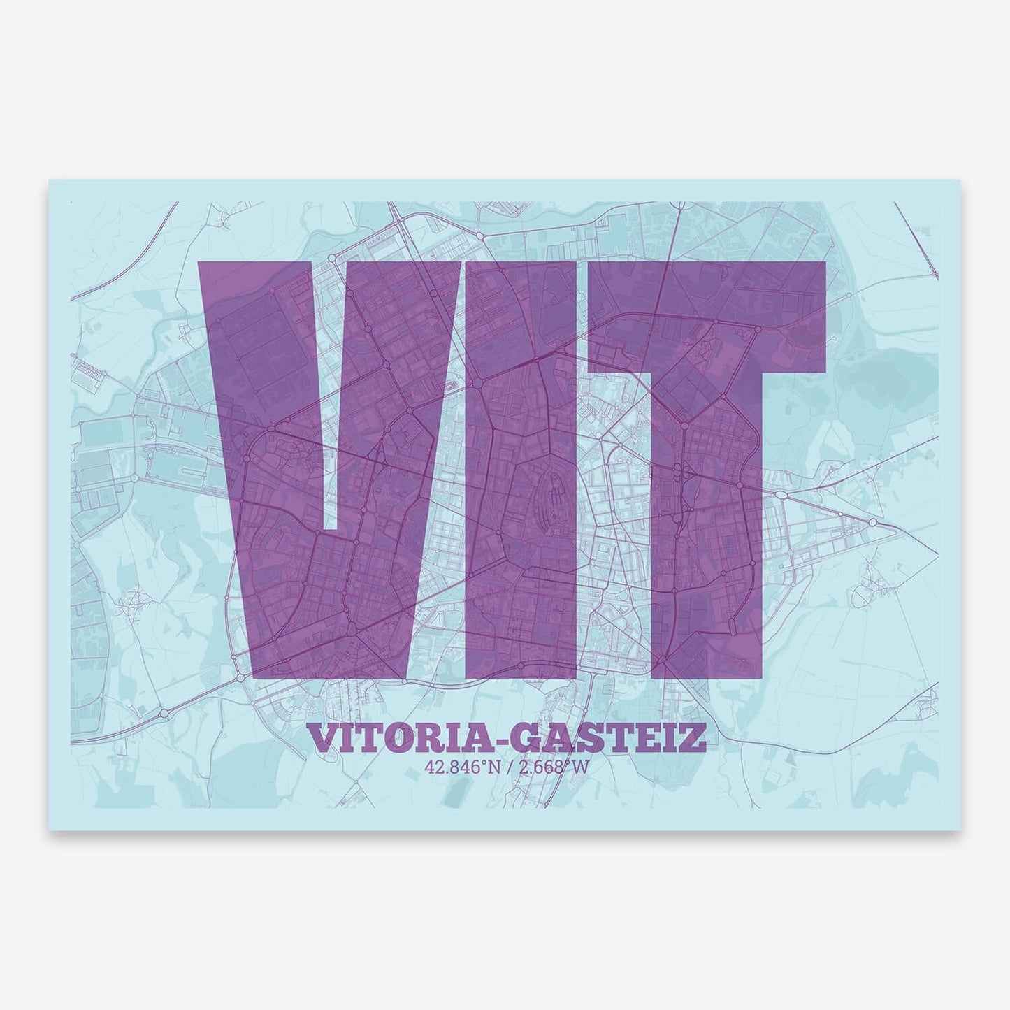 The map of Vitoria-Gasteiz composed with letters in a heavy geometric font printed on purple and light blue