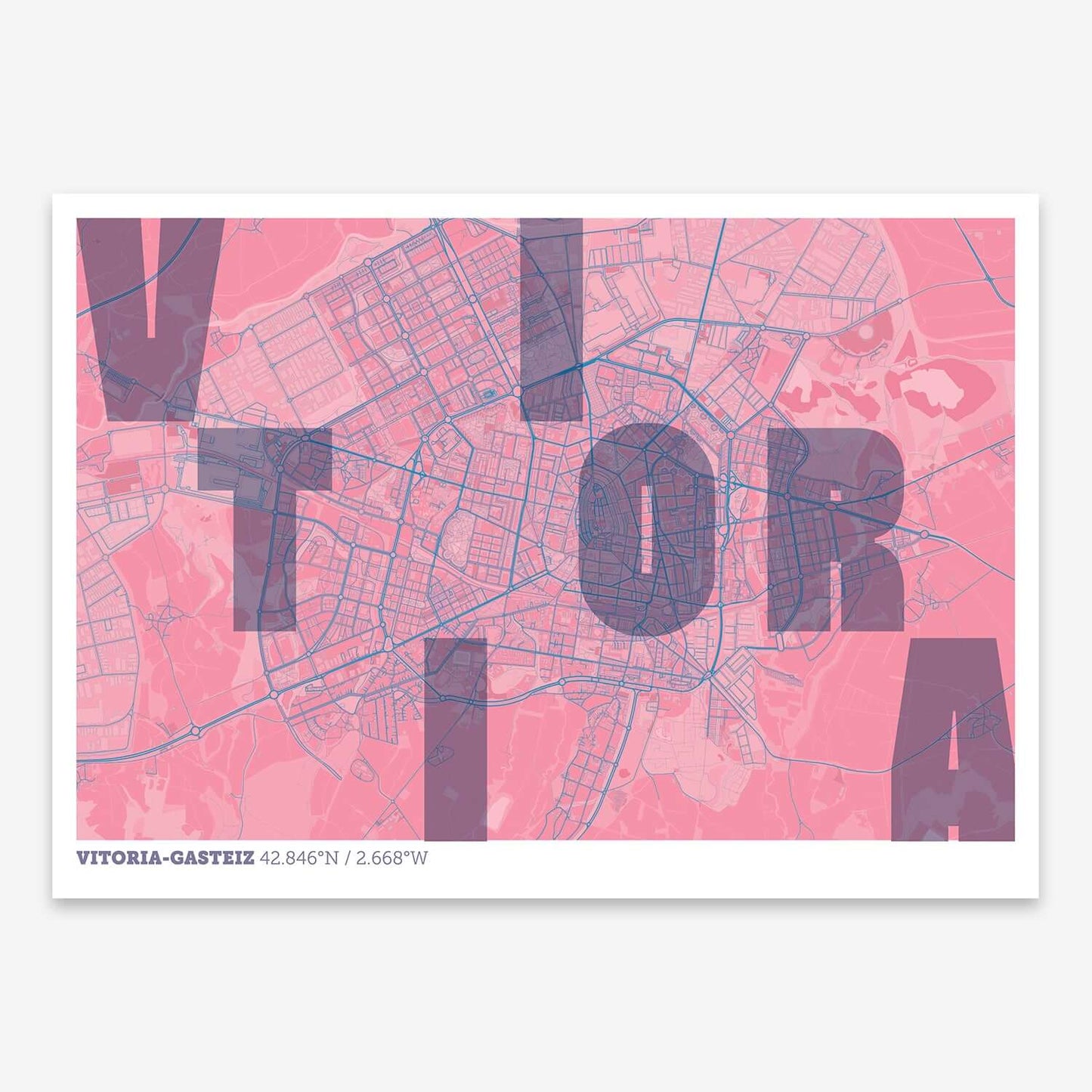 The map of Vitoria-Gasteiz with letters of its name placed randomly, designed in violet y pink background