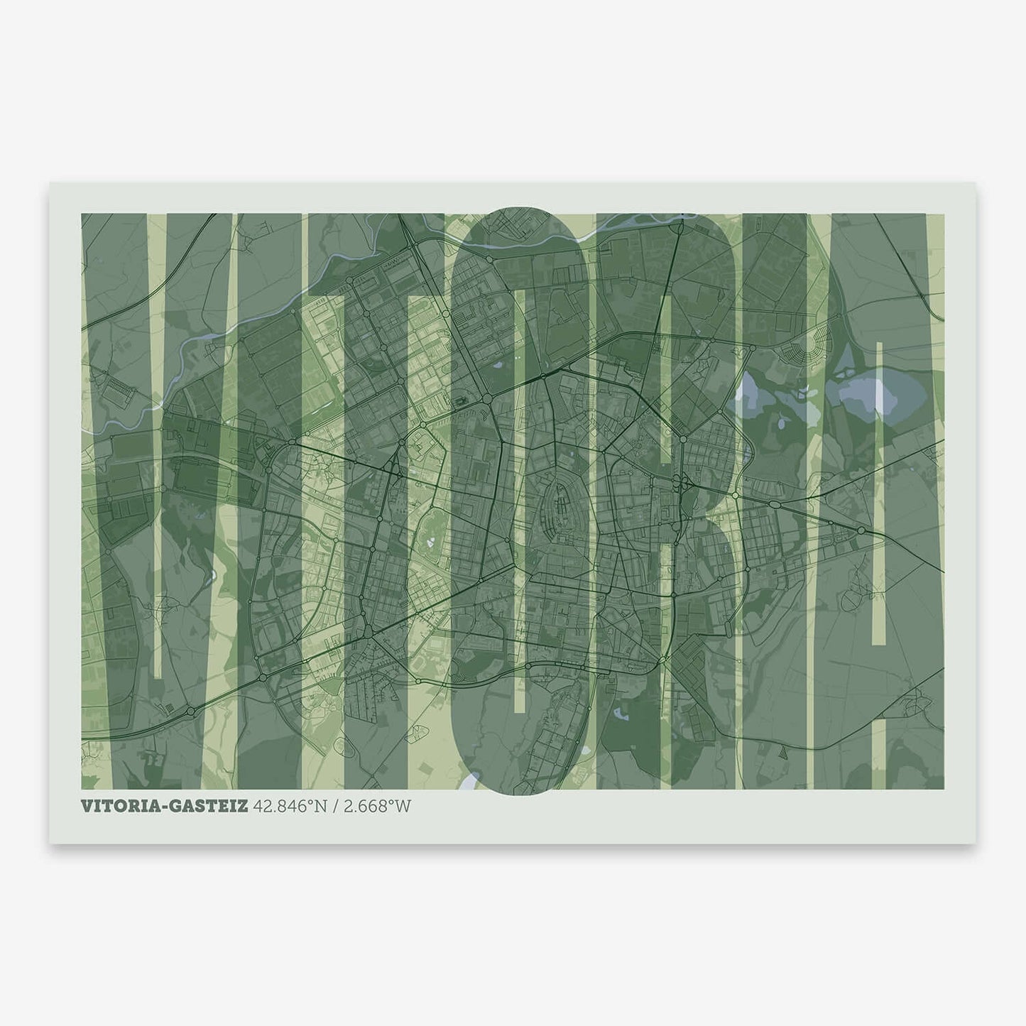The map of Vitoria-Gasteiz and letters of its name in a giclée print designed in two green tones