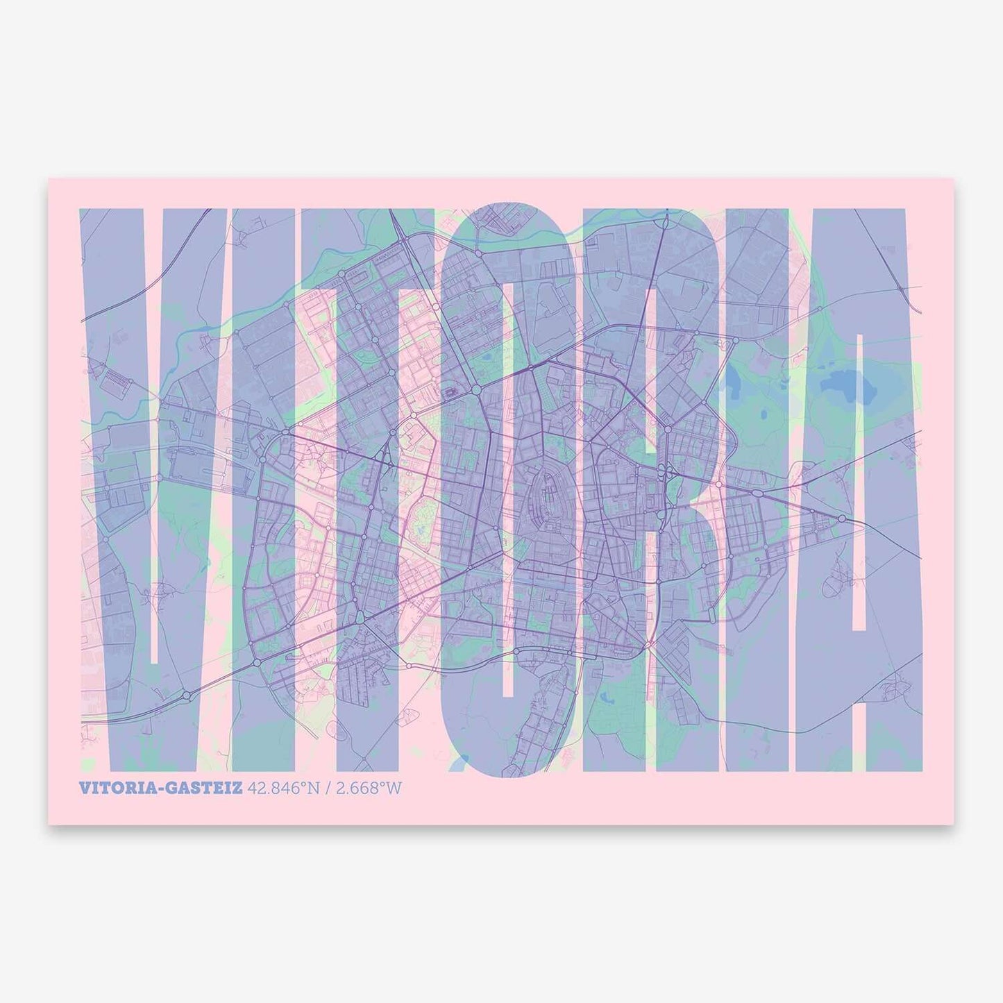 The map of Vitoria-Gasteiz and letters of its name in a giclée print designed in pink and light blue
