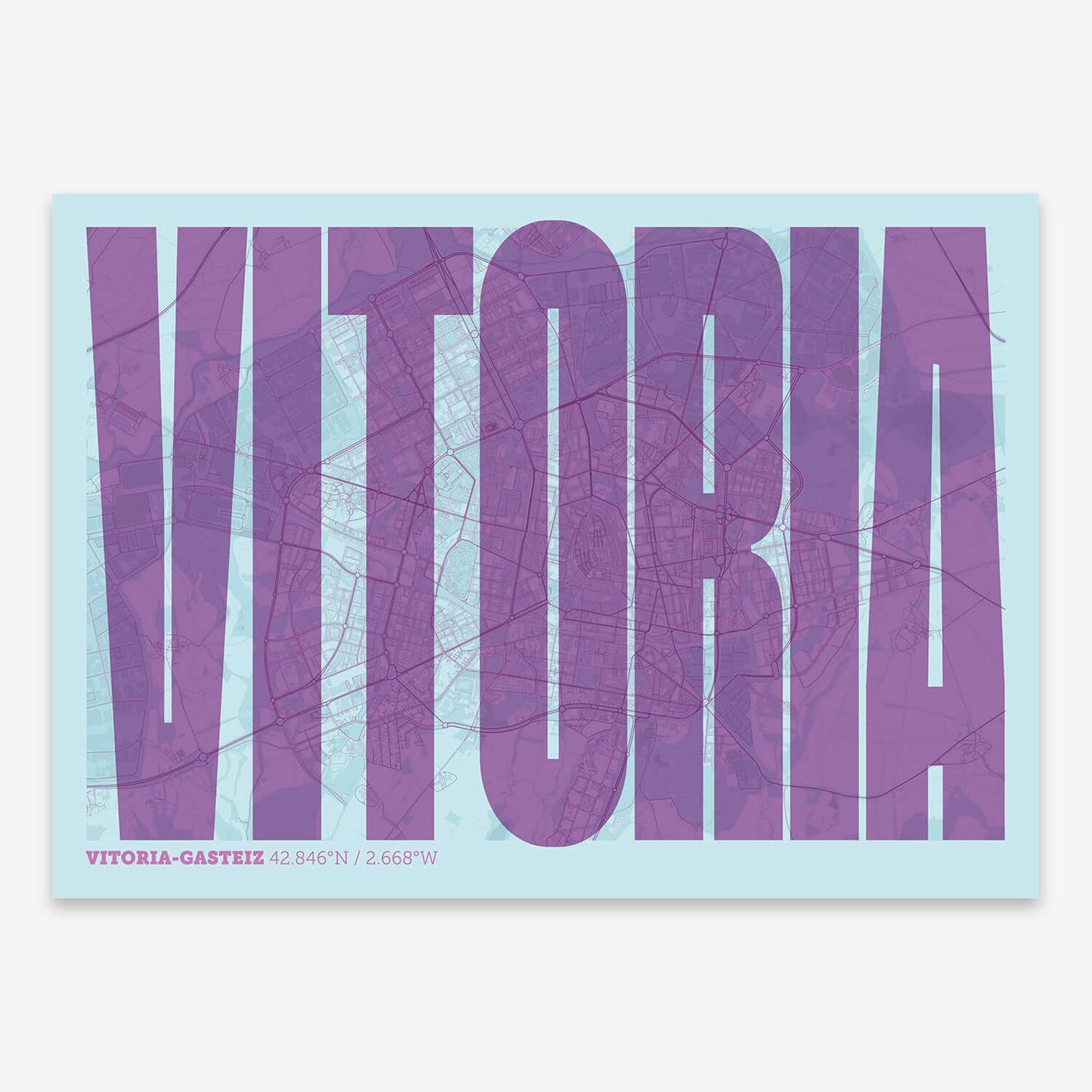 The map of Vitoria-Gasteiz and letters of its name in a giclée print designed in purple and light blue
