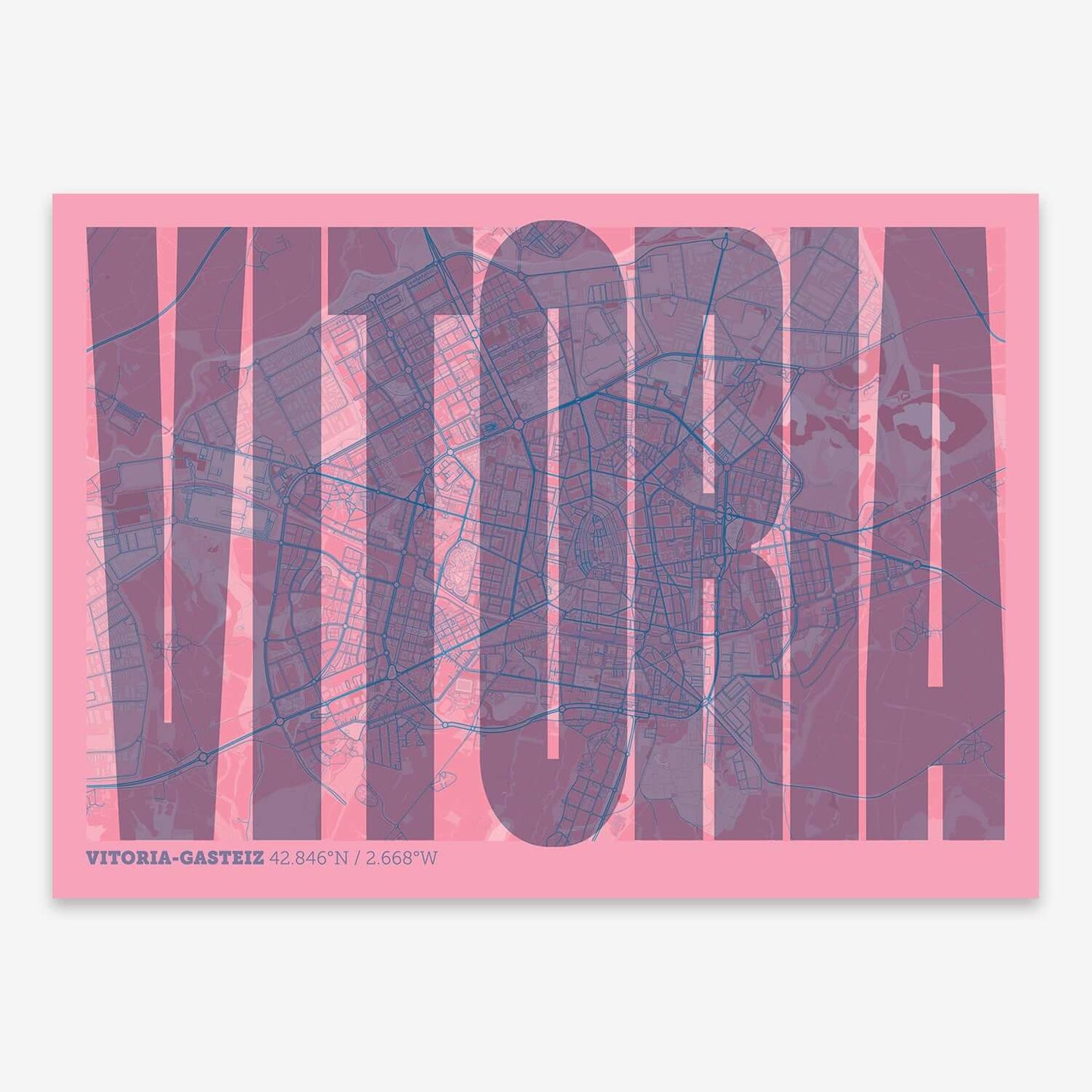 The map of Vitoria-Gasteiz and letters of its name in a giclée print designed in violet y pink background