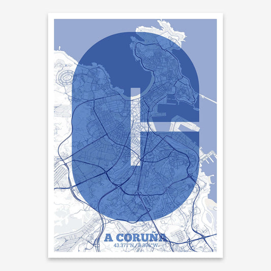 The map of A-Coruna composed with letters in a heavy geometric font printed on navy blue and white