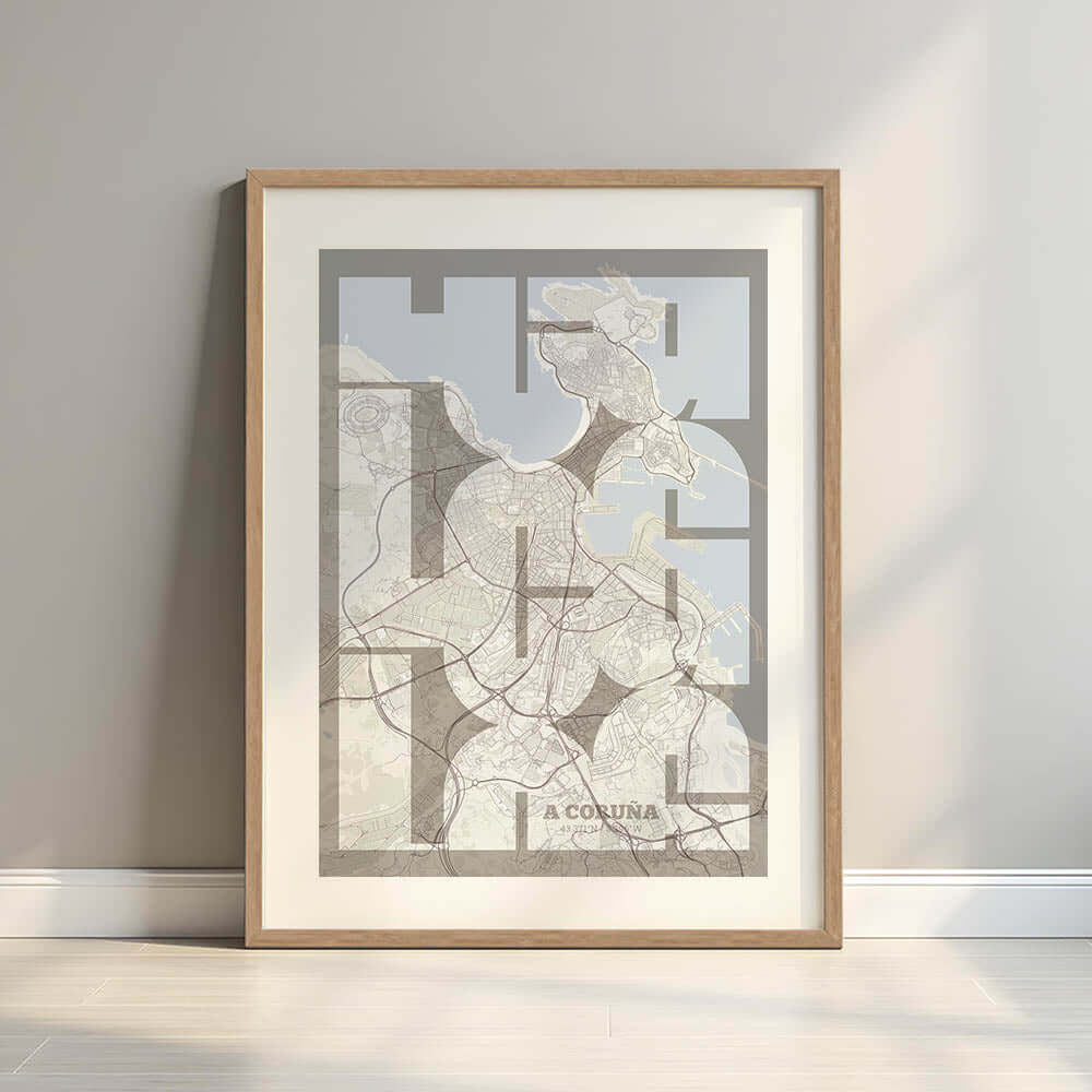 Póster artístico de A Coruña con tipografía geométrica - Decoración personalizada