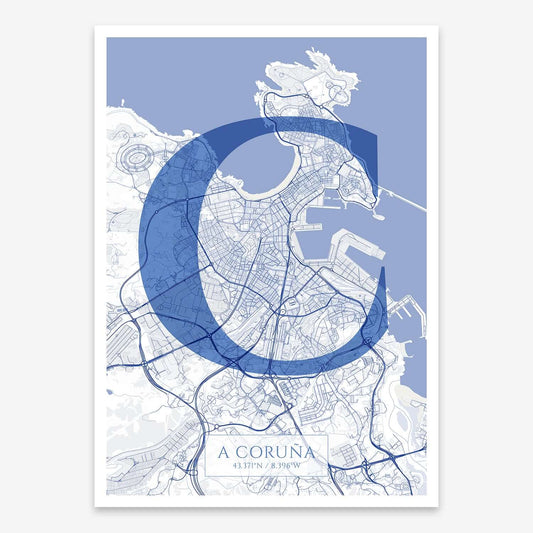 The map of A-Coruna composed with letters in serif font printed on navy blue and white