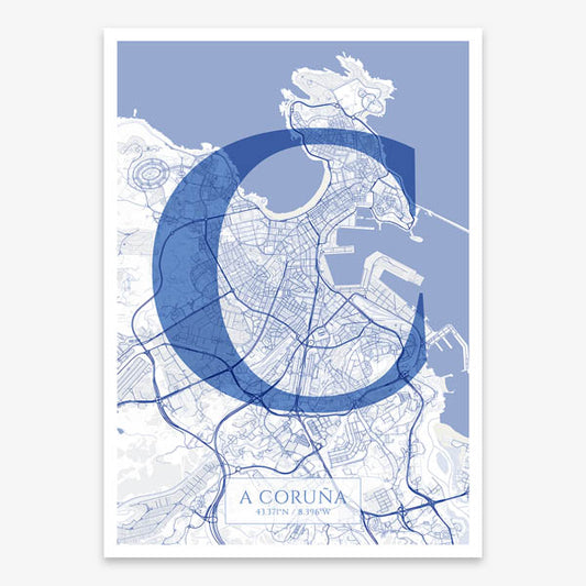 The map of A-Coruna composed with letters in serif font printed on navy blue and white
