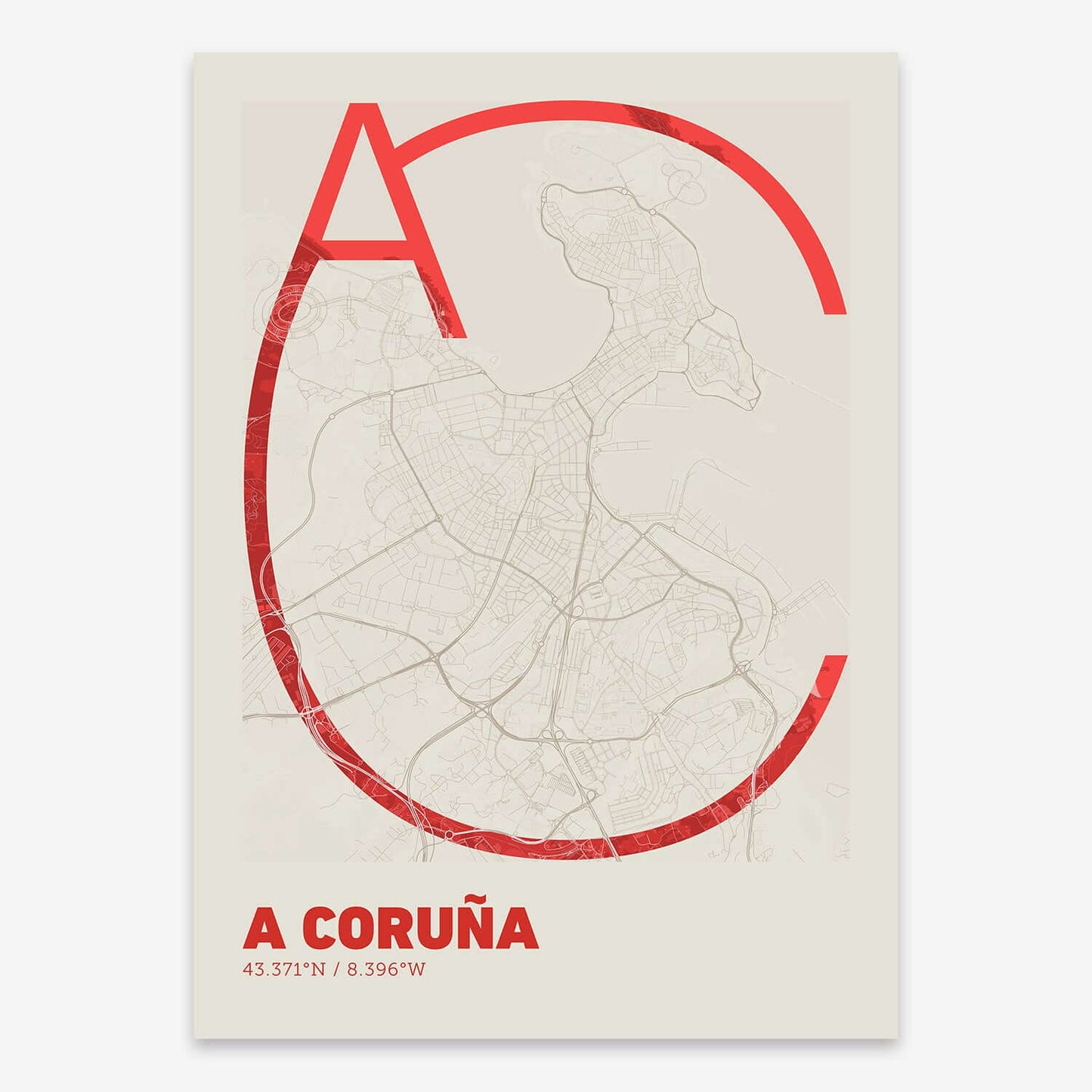 The map of A-Coruna composed with letters in extra light font printed on red and an off-white background