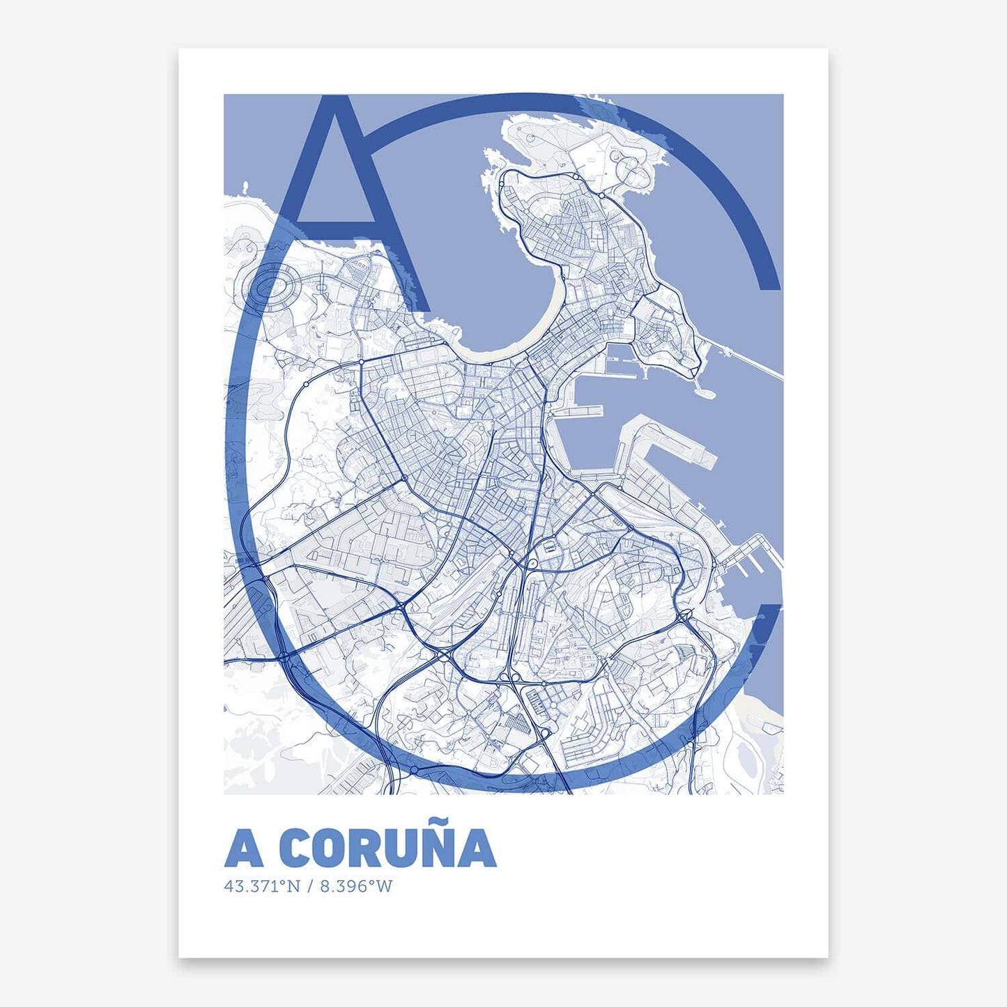 The map of A-Coruna composed with letters in extra light font printed on navy blue and white