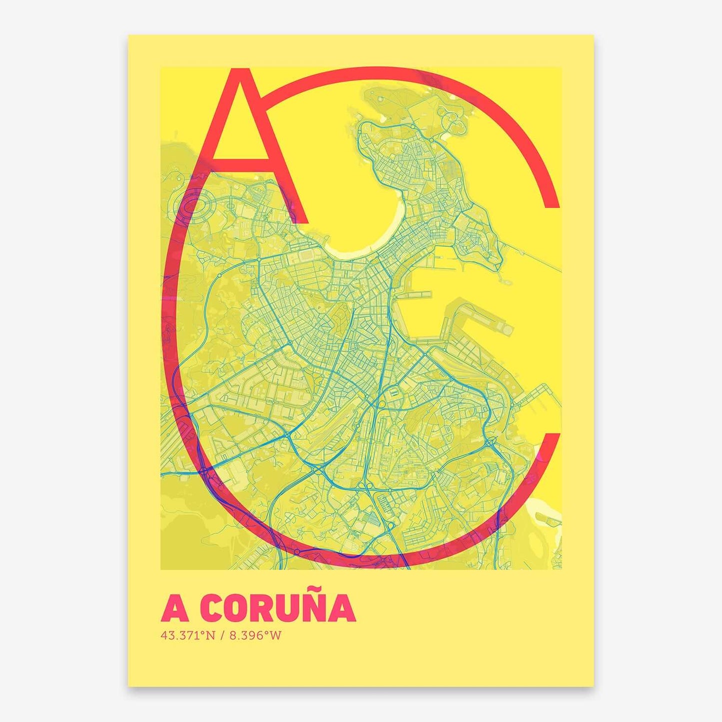 The map of A-Coruna composed with letters in extra light font printed on yellow and fuchsia