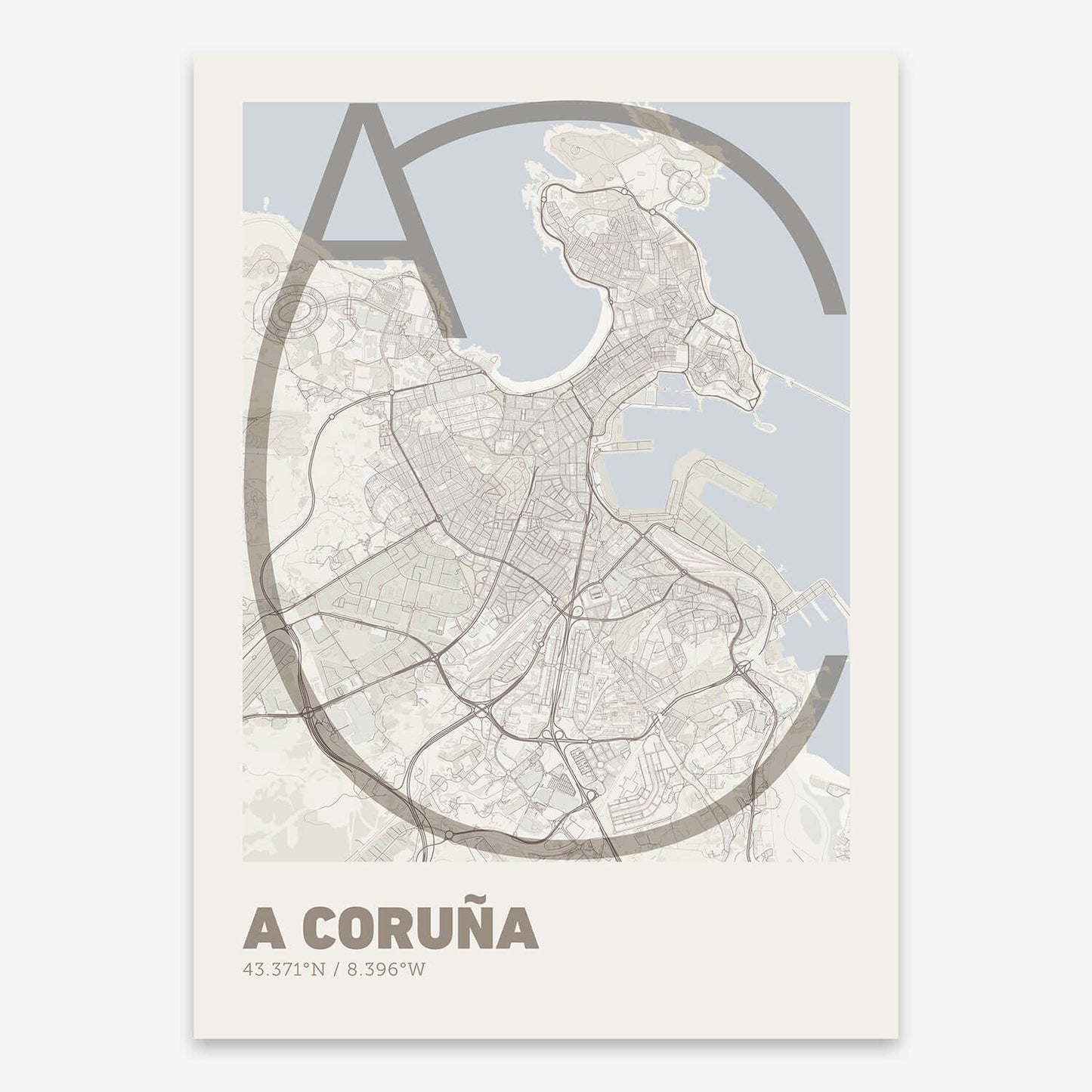 The map of A-Coruna composed with letters in extra light font printed on light brown and an off-white background
