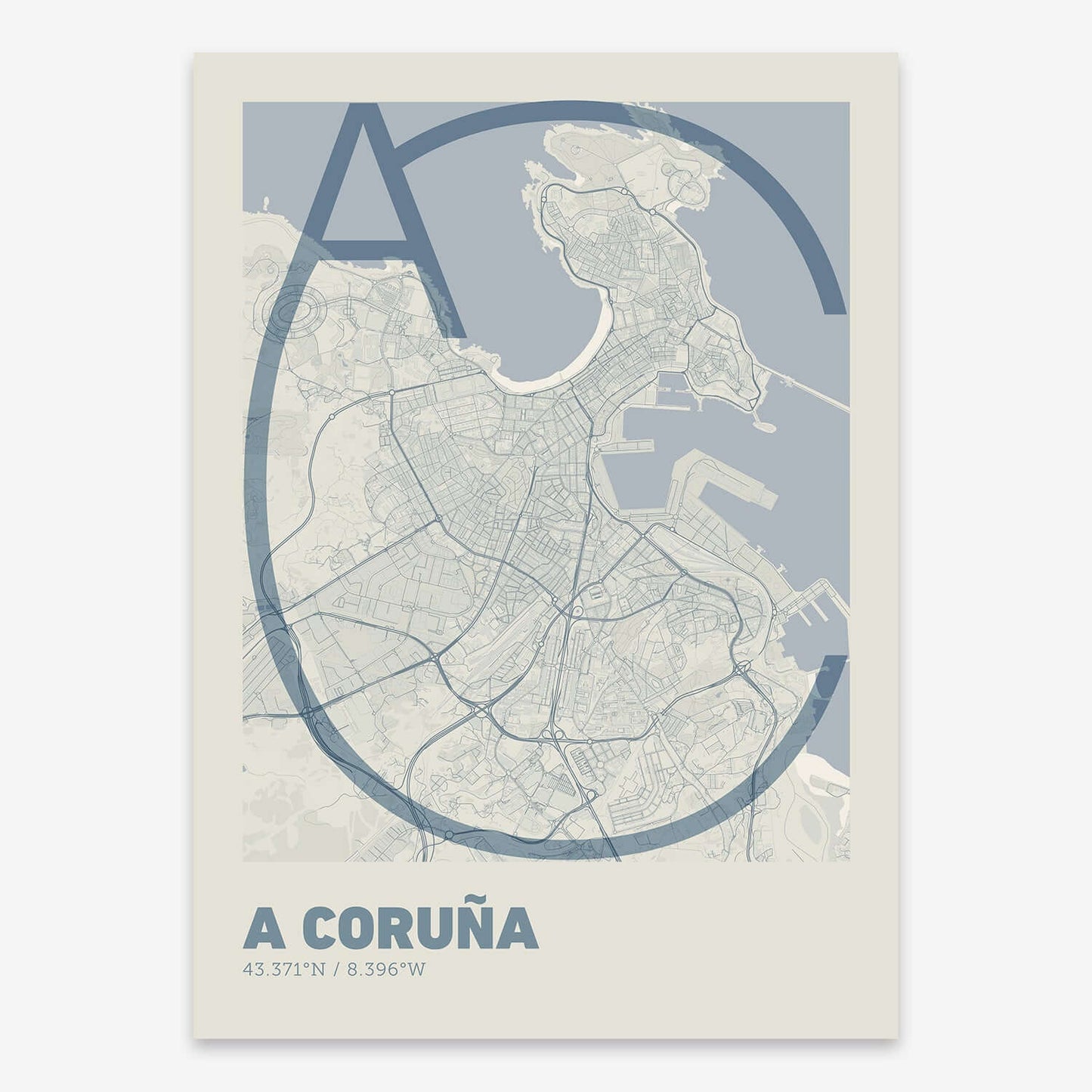 The map of A-Coruna composed with letters in extra light font printed on bluish gray and an off-white background